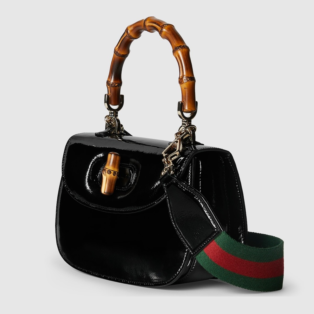 Gucci 675797 Bamboo 1947 Small Top Handle Bag Black Patent Leather