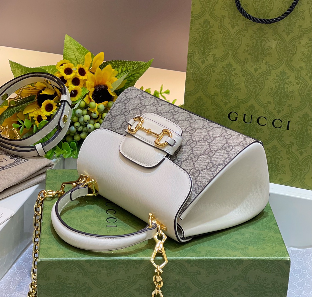 Gucci 703048 Gucci Horsebit 1955 Mini Bag White and ebony GG Supreme Canvas