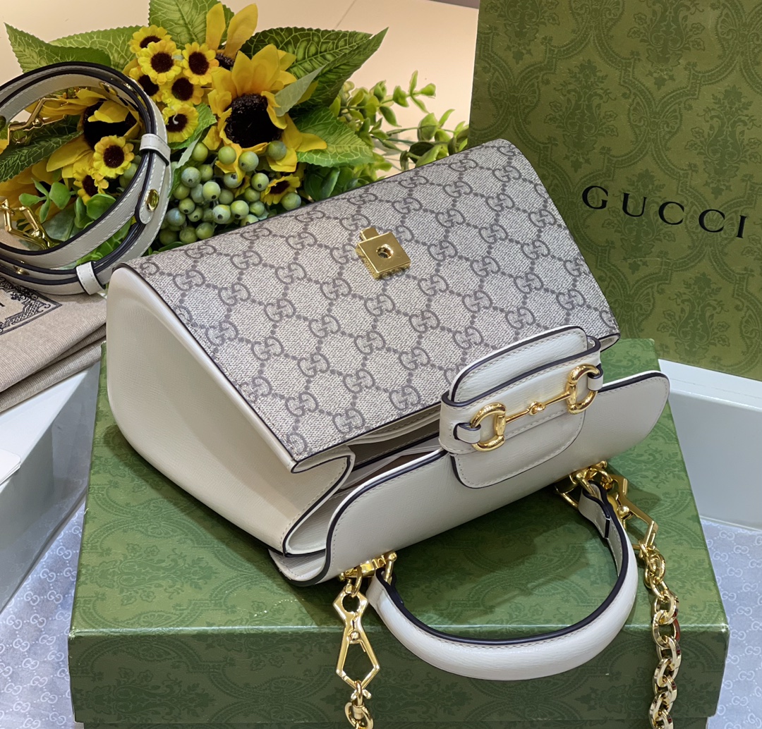 Gucci 703048 Gucci Horsebit 1955 Mini Bag White and ebony GG Supreme Canvas