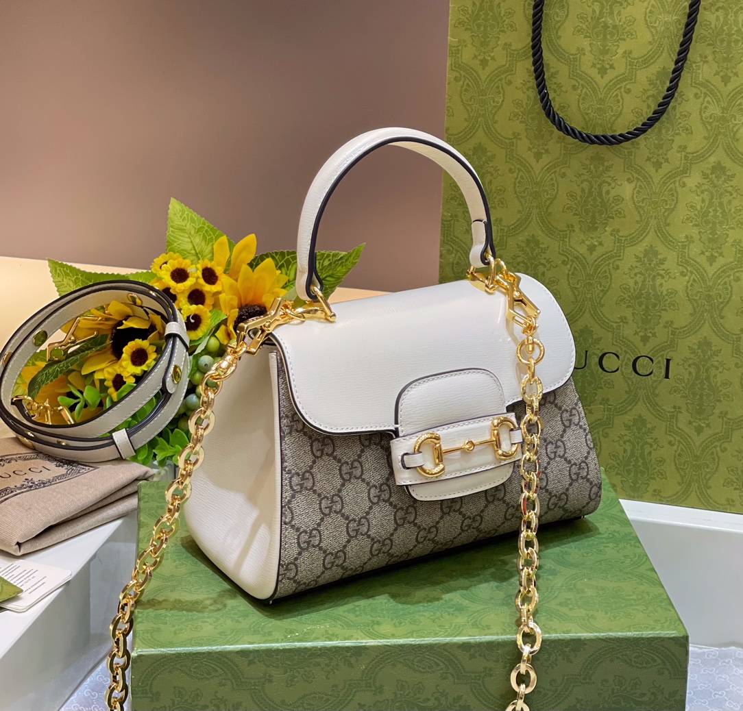 Gucci 703048 Gucci Horsebit 1955 Mini Bag White and ebony GG Supreme Canvas