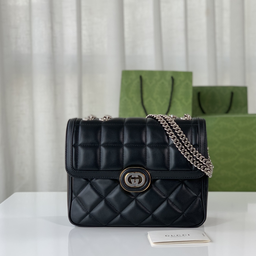 Gucci 740834 Deco Small Shoulder Bag Black Quilted Leather