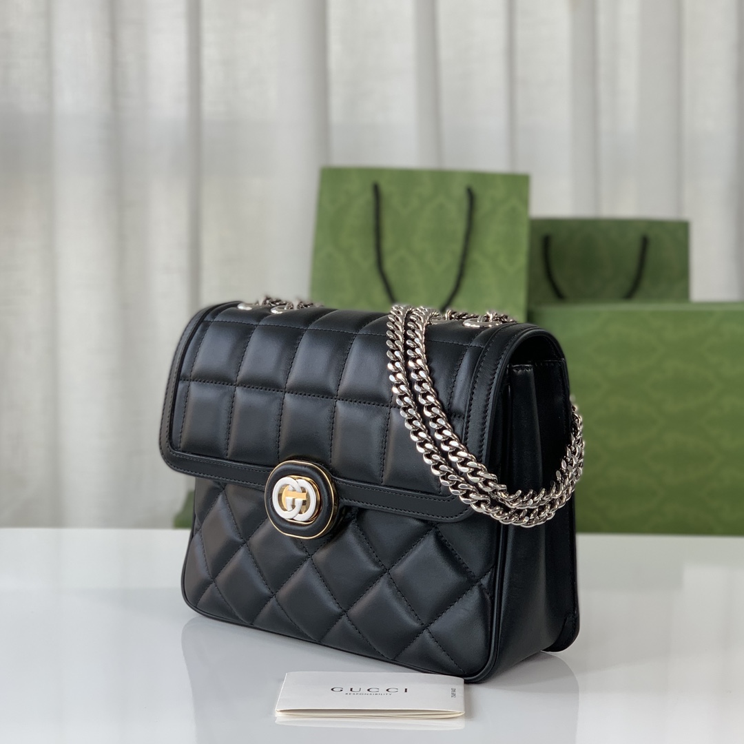 Gucci 740834 Deco Small Shoulder Bag Black Quilted Leather