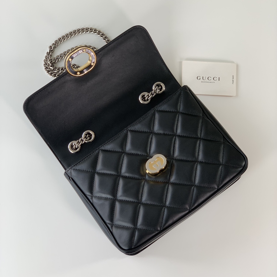 Gucci 740834 Deco Small Shoulder Bag Black Quilted Leather