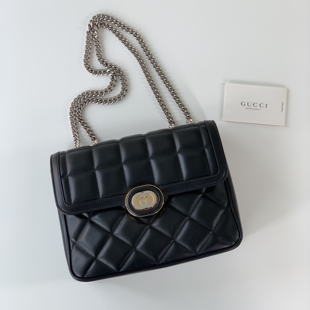 Gucci 740834 Deco Small Shoulder Bag Black Quilted Leather