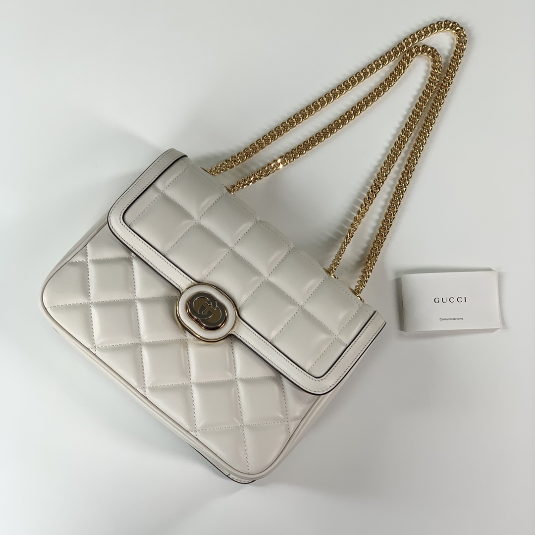 Gucci 740834 Deco Small Shoulder Bag Off White Quilted Leather