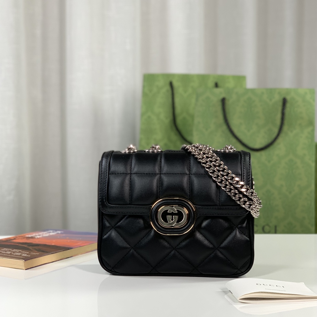 Gucci 741457 Deco Small Shoulder Bag Black Quilted Leather