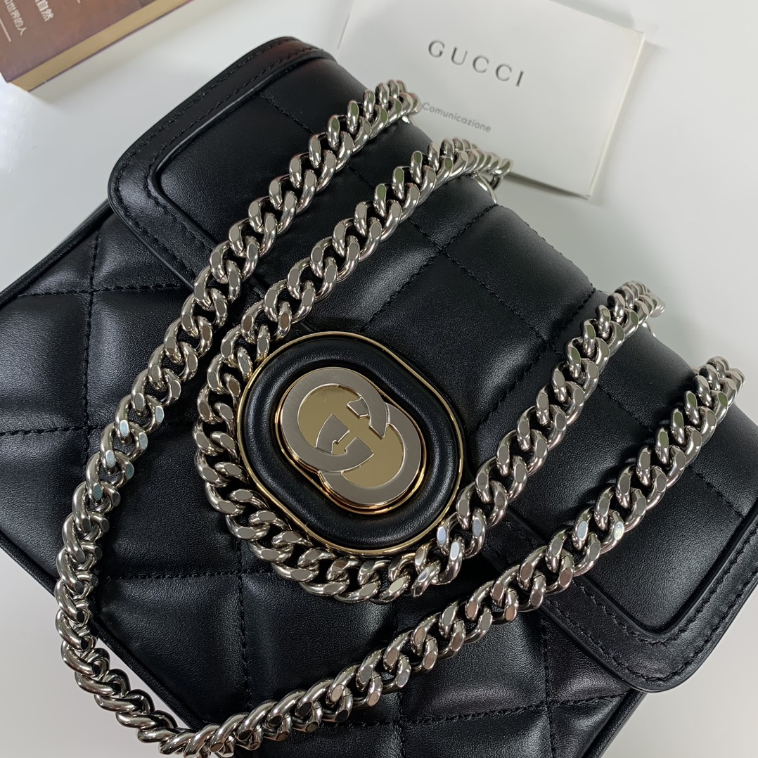 Gucci 741457 Deco Small Shoulder Bag Black Quilted Leather