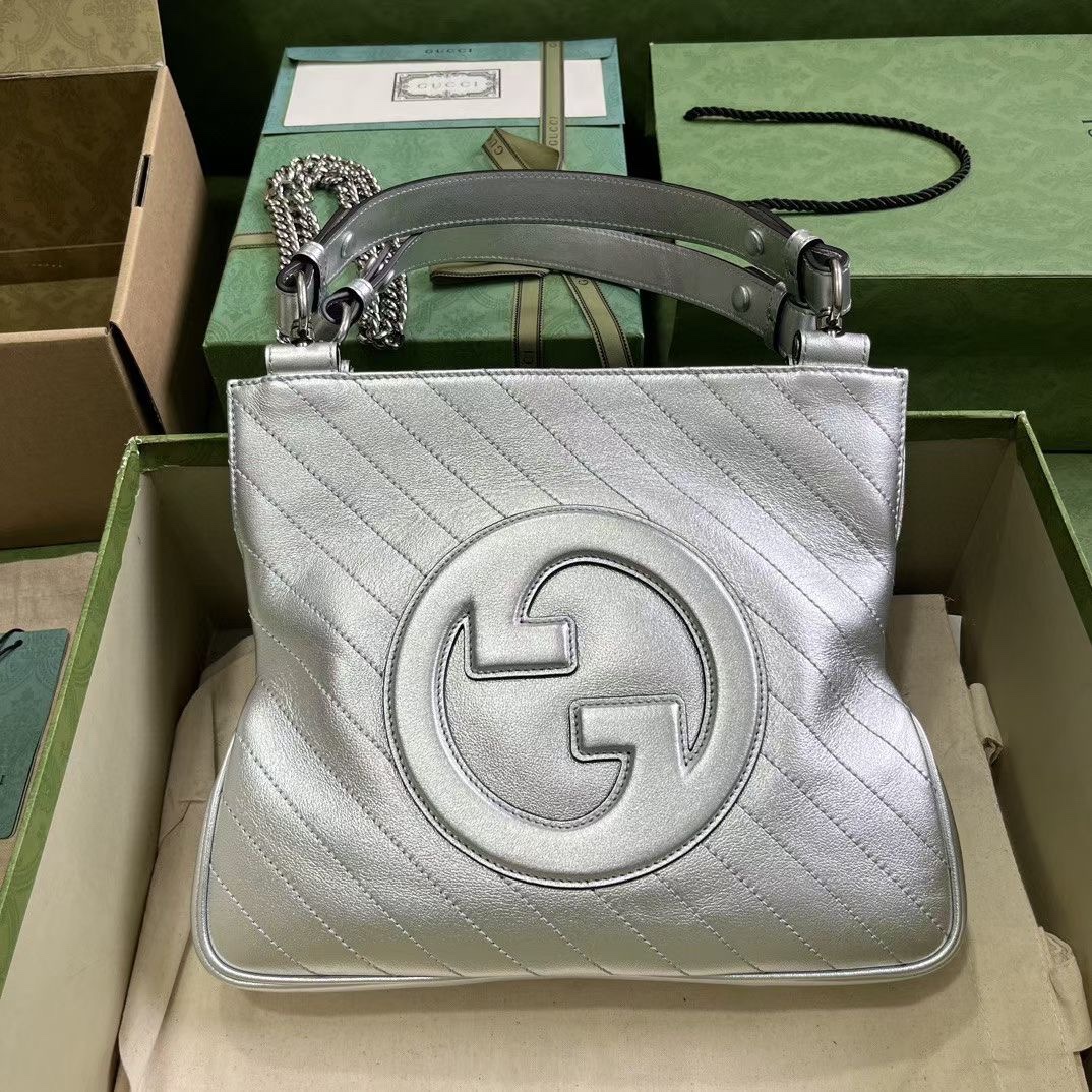 Gucci 751518 Blondie Small Tote Bag Silver Leather