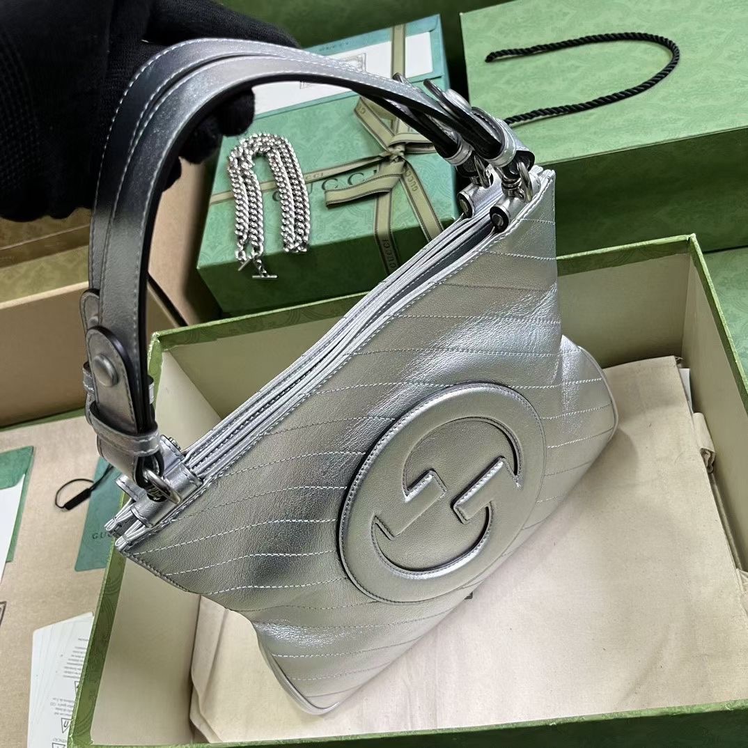 Gucci 751518 Blondie Small Tote Bag Silver Leather