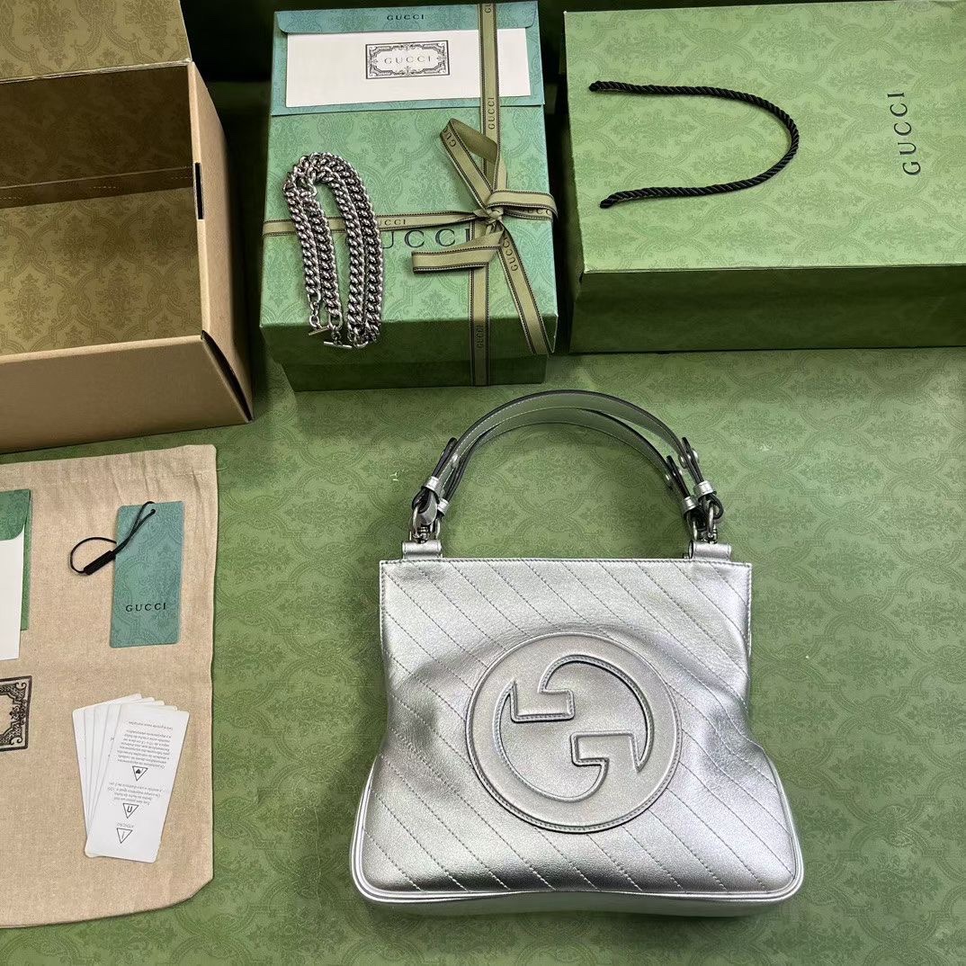 Gucci 751518 Blondie Small Tote Bag Silver Leather