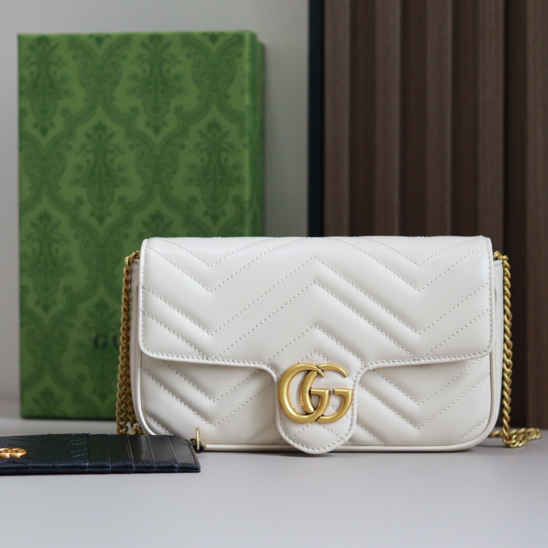Gucci 751526 GG Marmont Mini Card Case Chain Wallet White