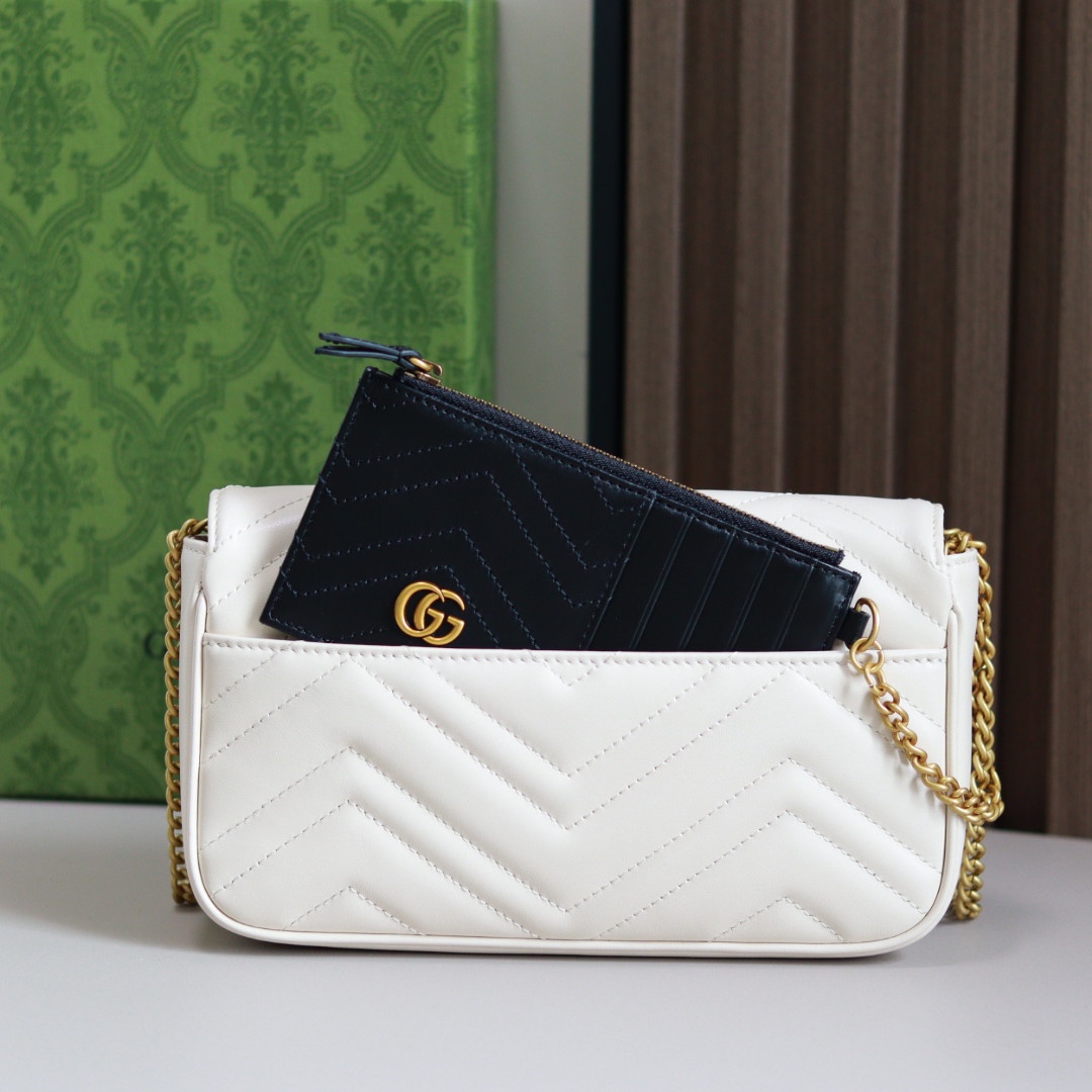 Gucci 751526 GG Marmont Mini Card Case Chain Wallet White