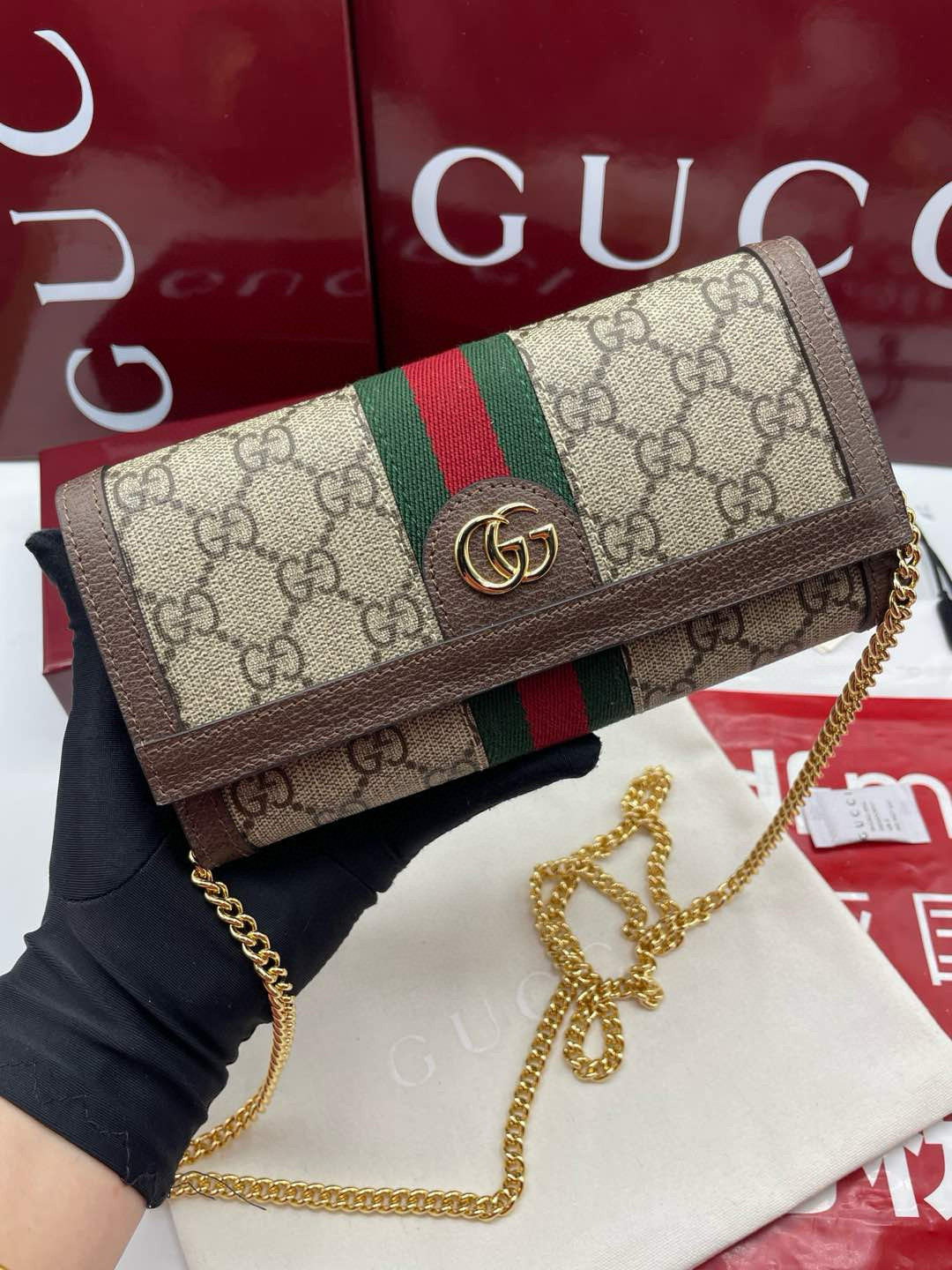 Gucci 772309 Ophidia Chain Wallet Brown and Ebony GG Supreme Canvas