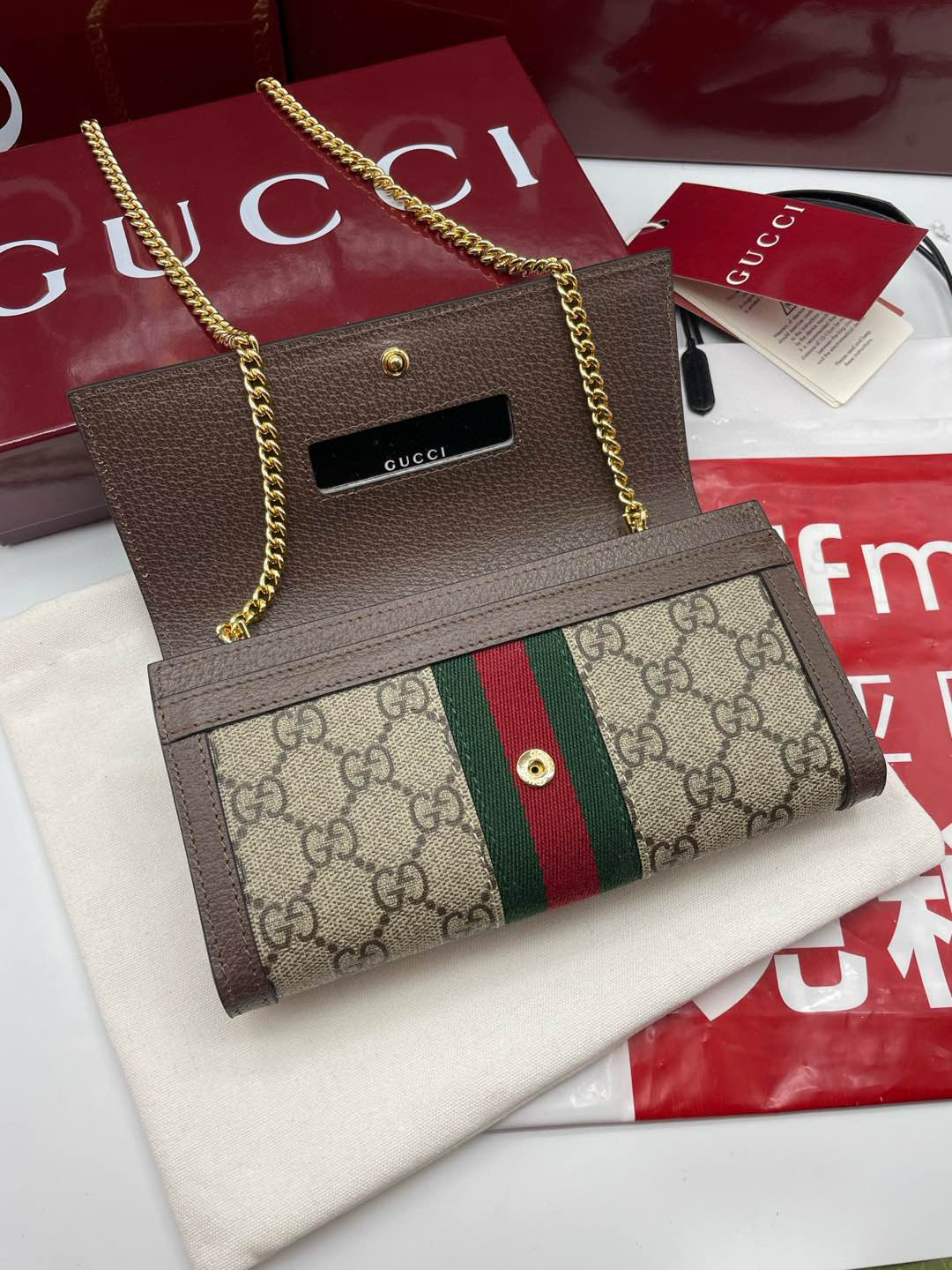 Gucci 772309 Ophidia Chain Wallet Brown and Ebony GG Supreme Canvas