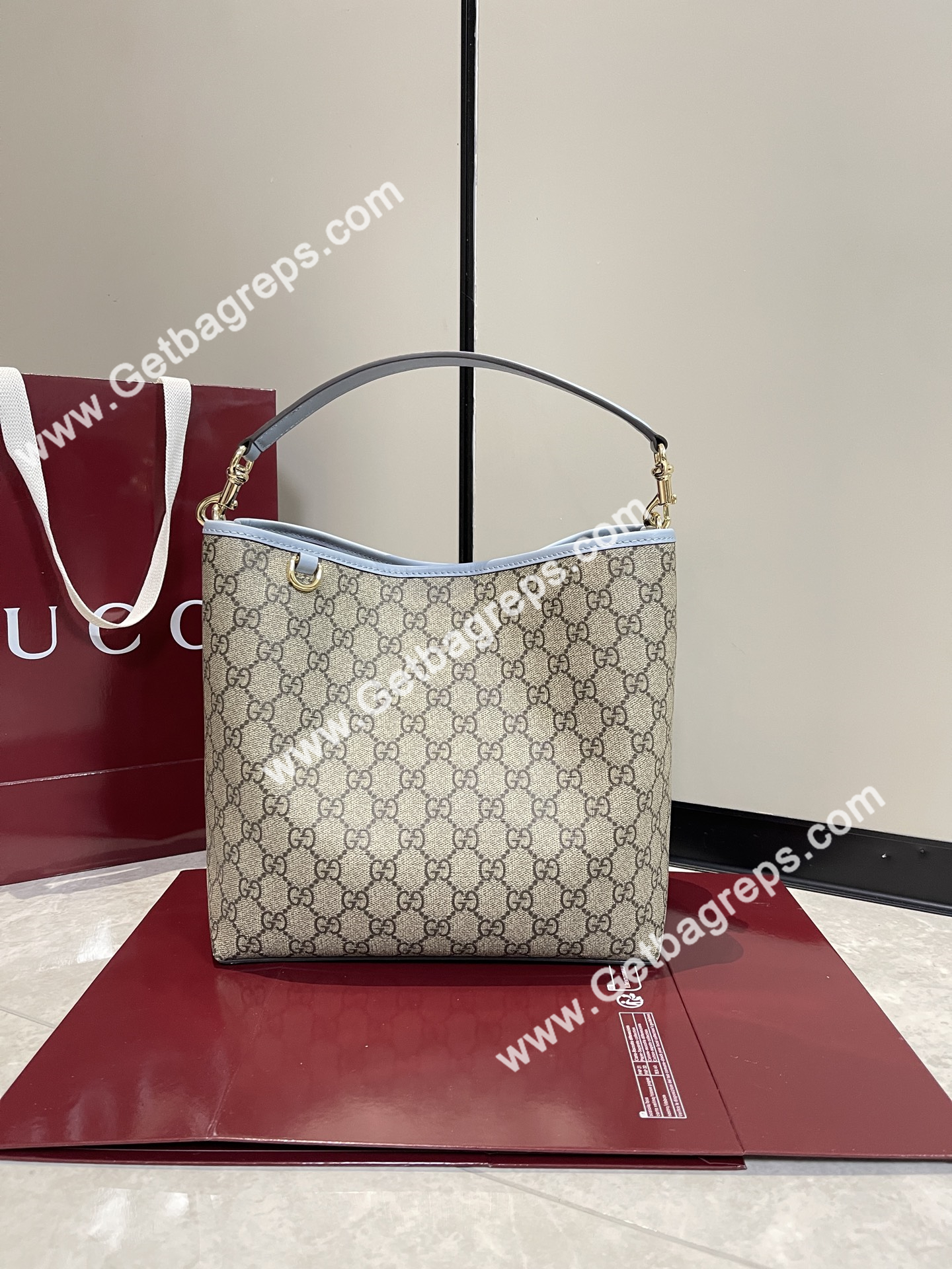 Gucci 815103 GG Emblem Medium Bucket Bag Beige and dark brown