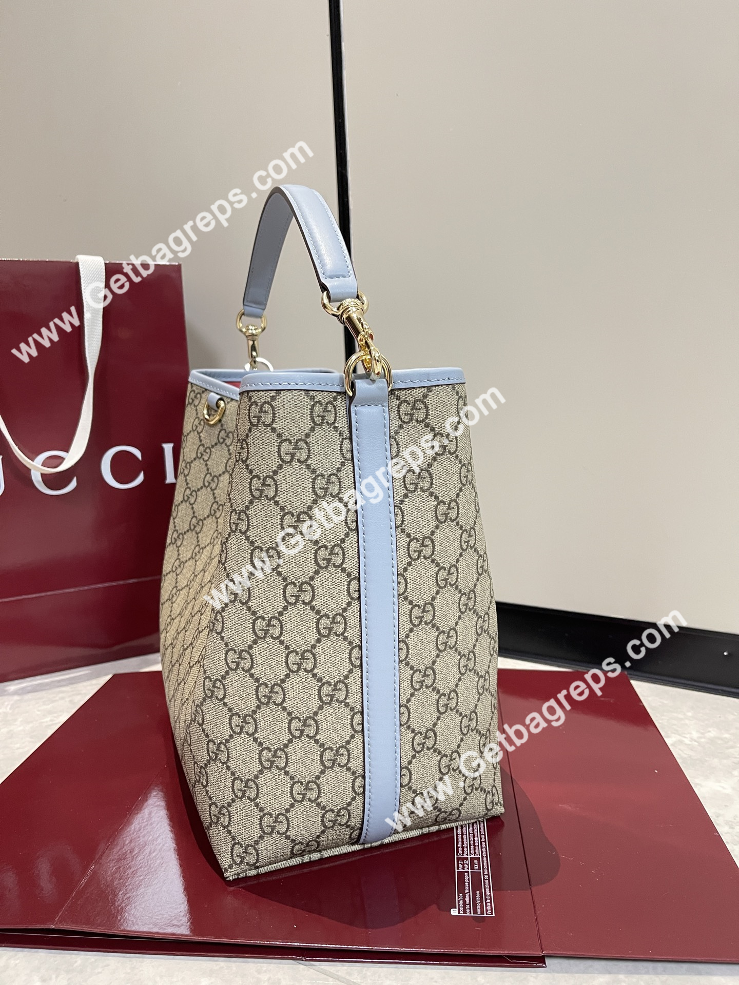 Gucci 815103 GG Emblem Medium Bucket Bag Beige and dark brown
