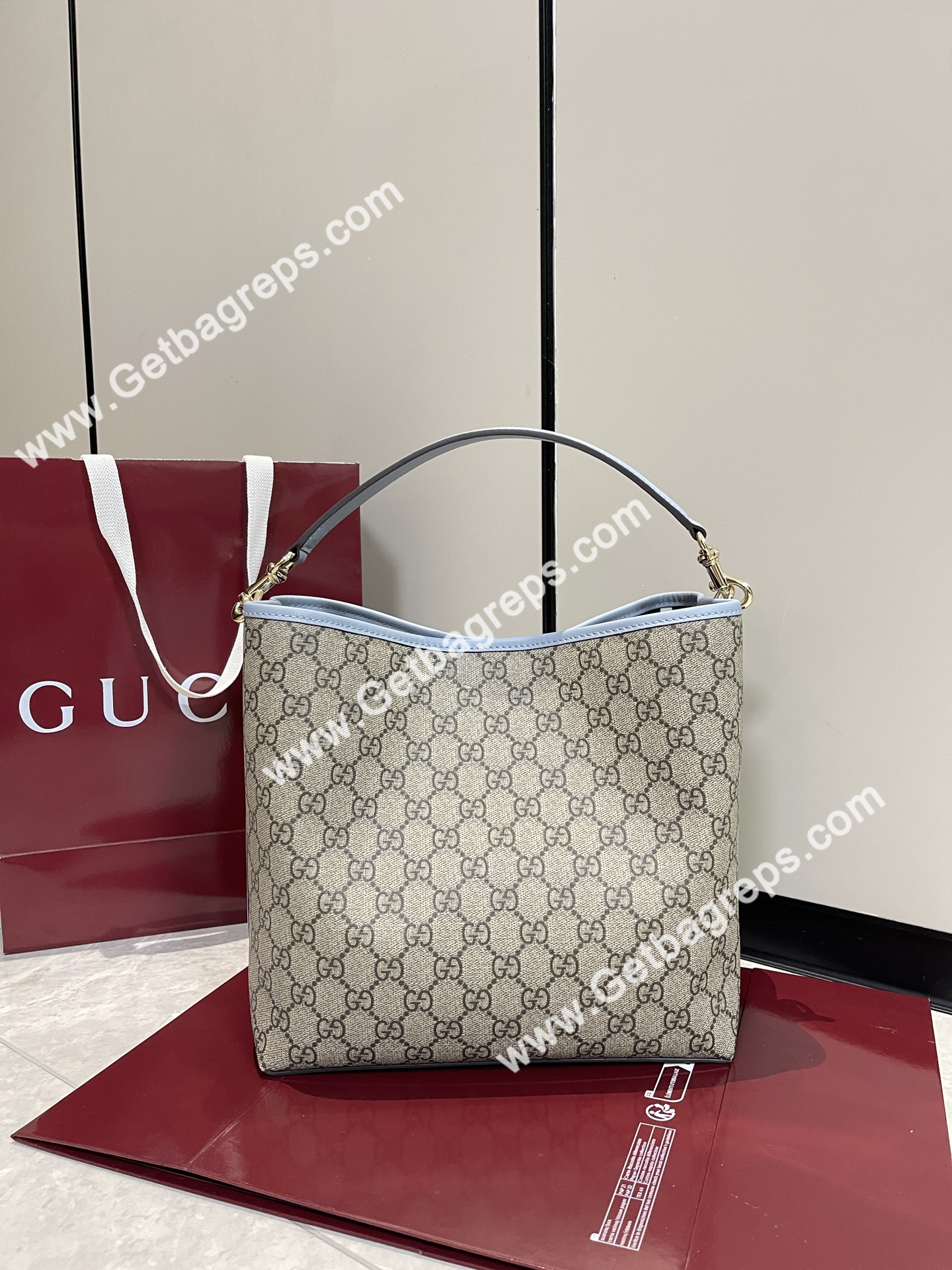 Gucci 815103 GG Emblem Medium Bucket Bag Beige and dark brown