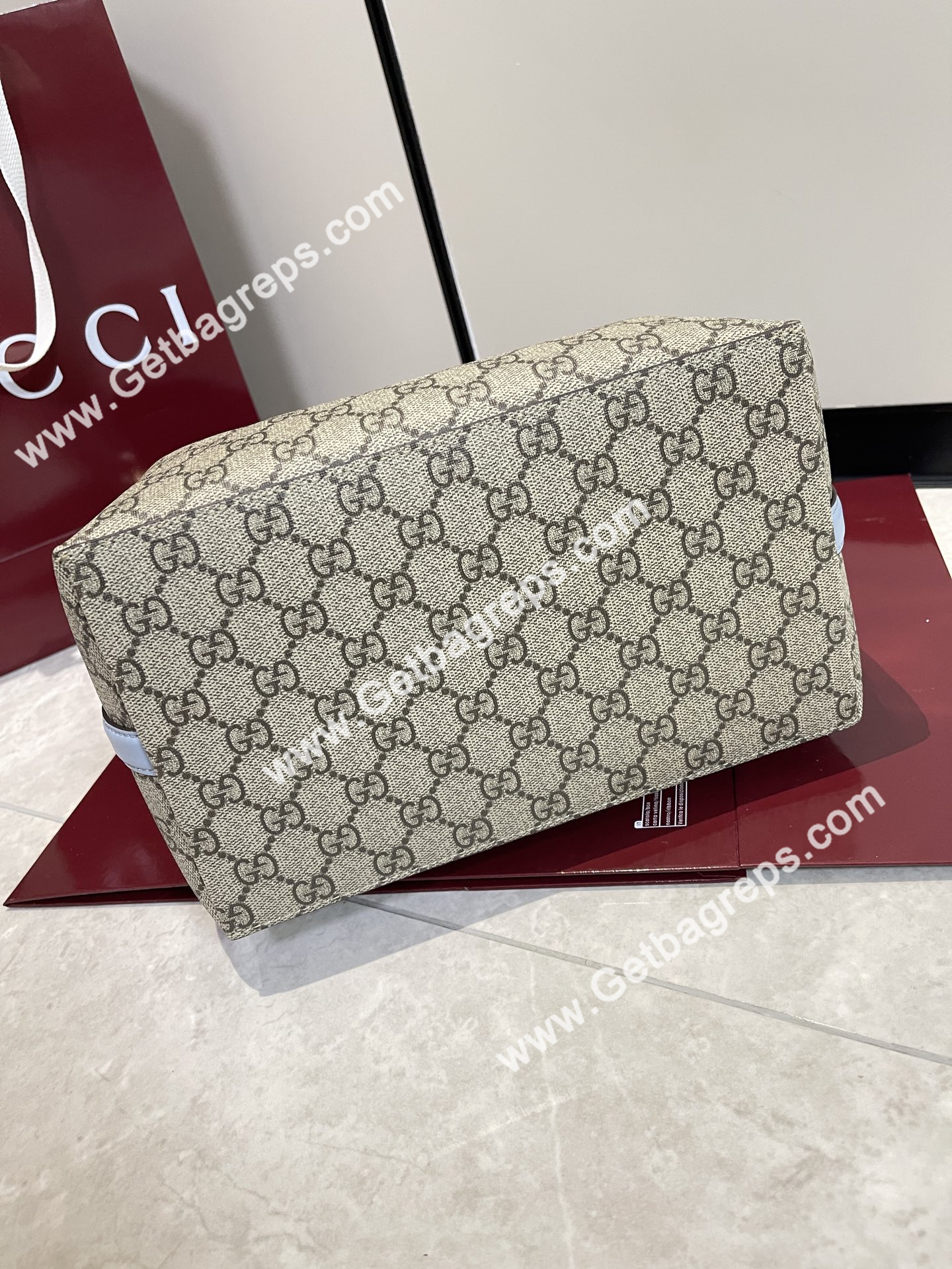 Gucci 815103 GG Emblem Medium Bucket Bag Beige and dark brown