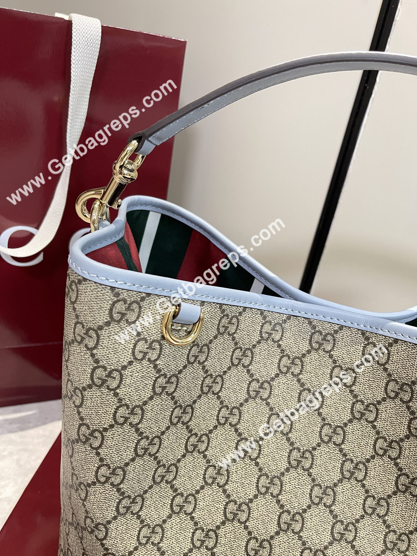 Gucci 815103 GG Emblem Medium Bucket Bag Beige and dark brown
