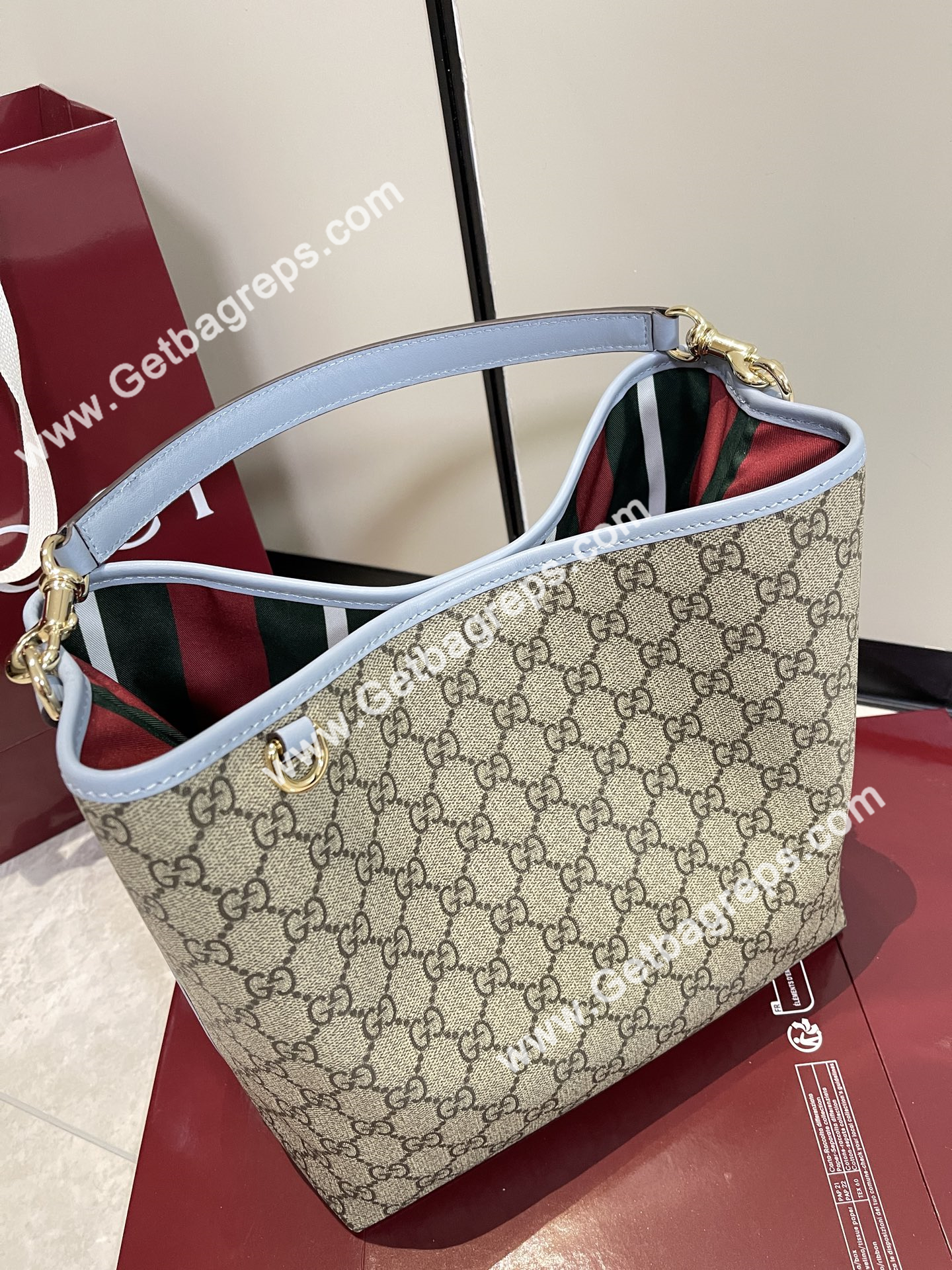 Gucci 815103 GG Emblem Medium Bucket Bag Beige and dark brown