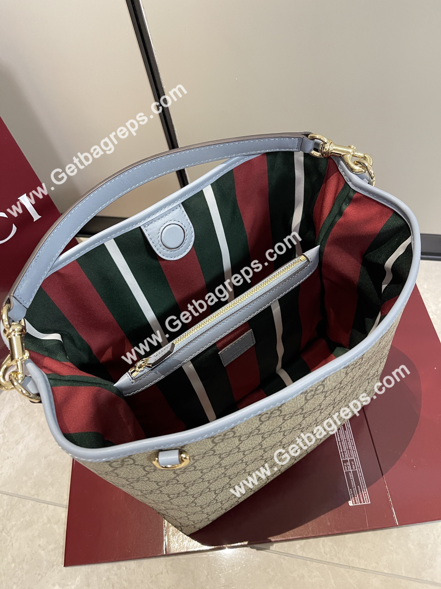 Gucci 815103 GG Emblem Medium Bucket Bag Beige and dark brown