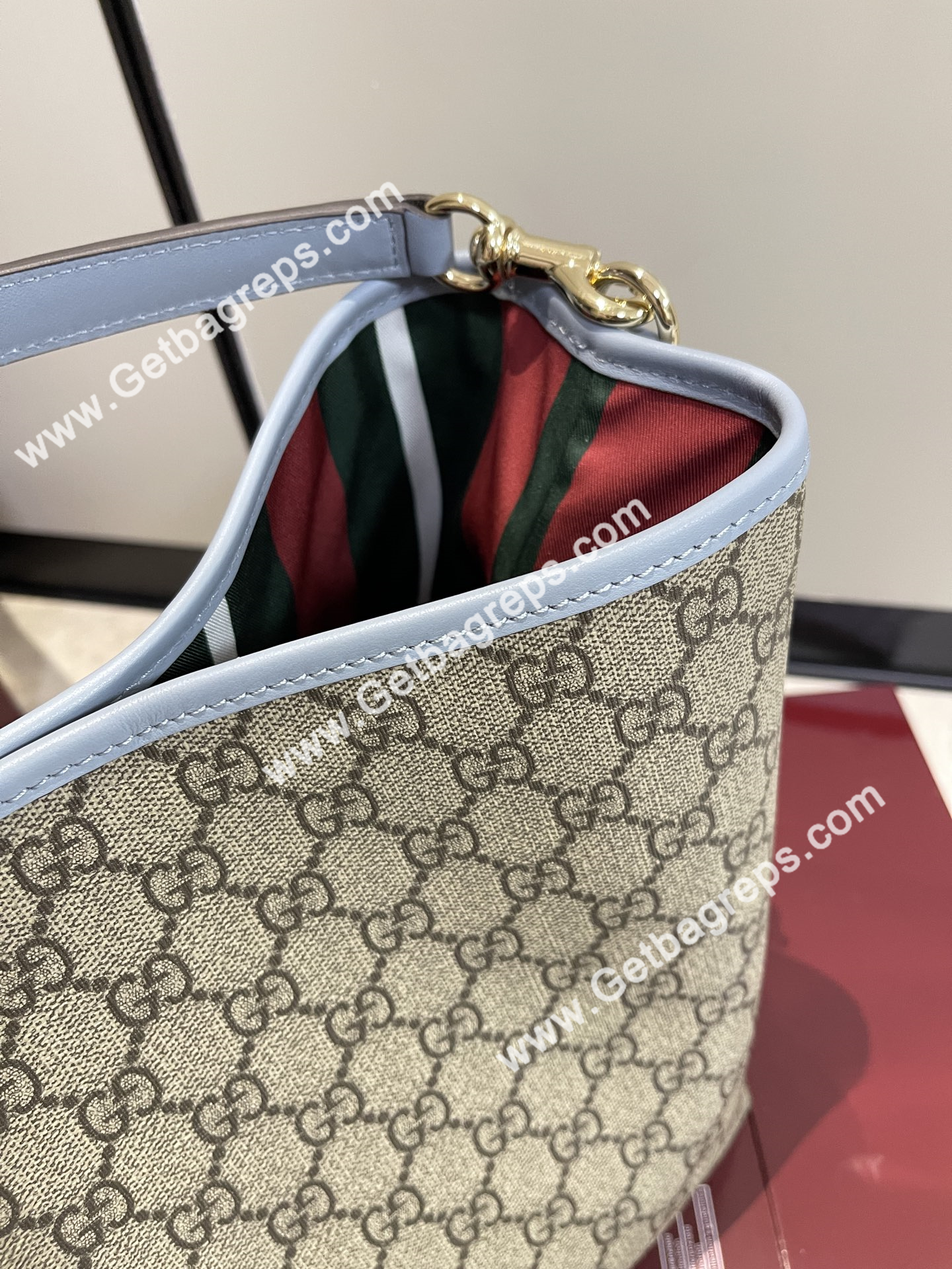 Gucci 815103 GG Emblem Medium Bucket Bag Beige and dark brown