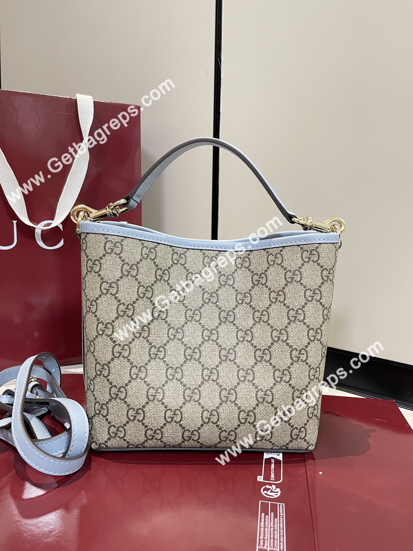Gucci 815118 GG Emblem Small Bucket Bag Beige and dark brown