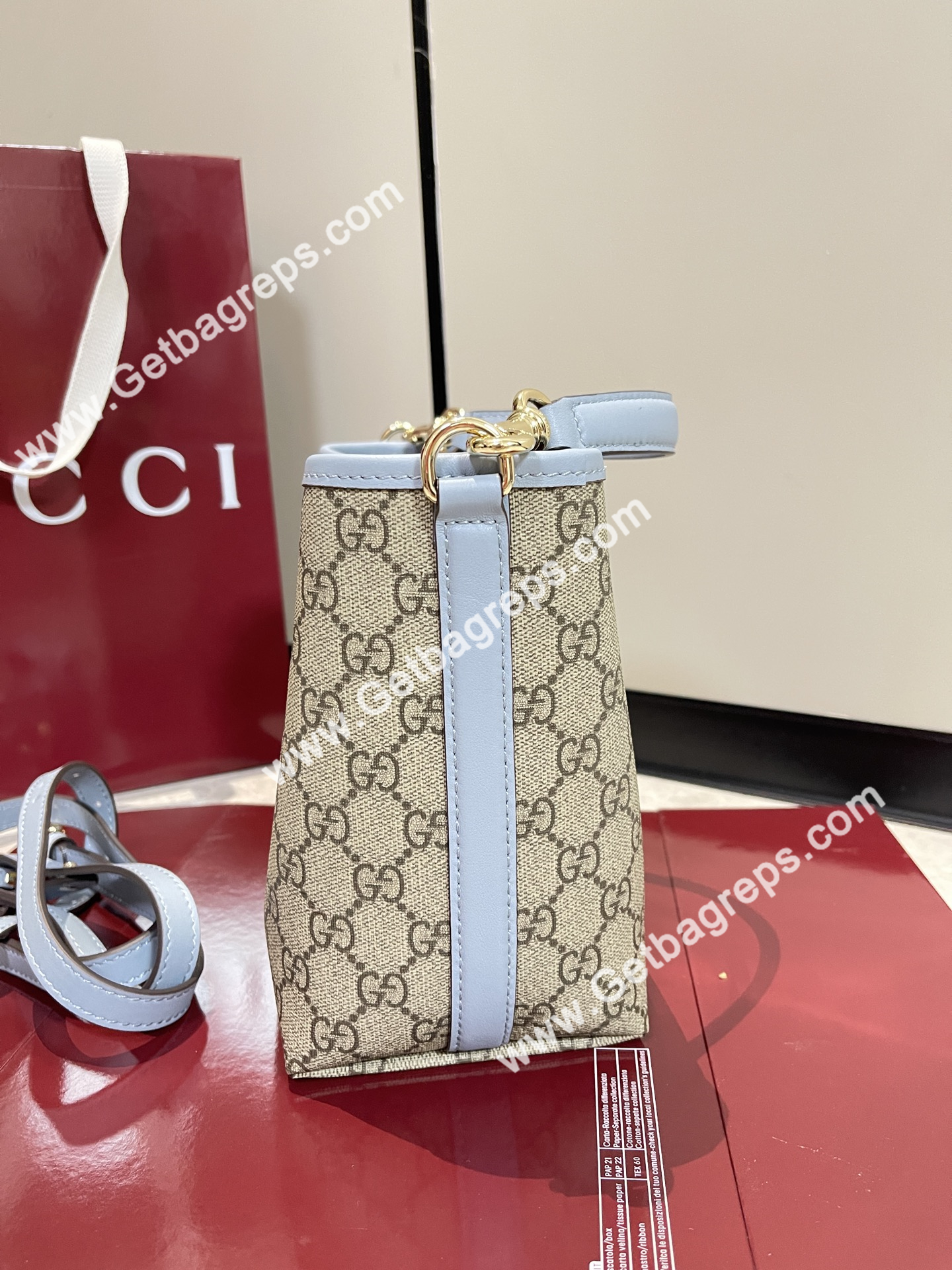 Gucci 815118 GG Emblem Small Bucket Bag Beige and dark brown