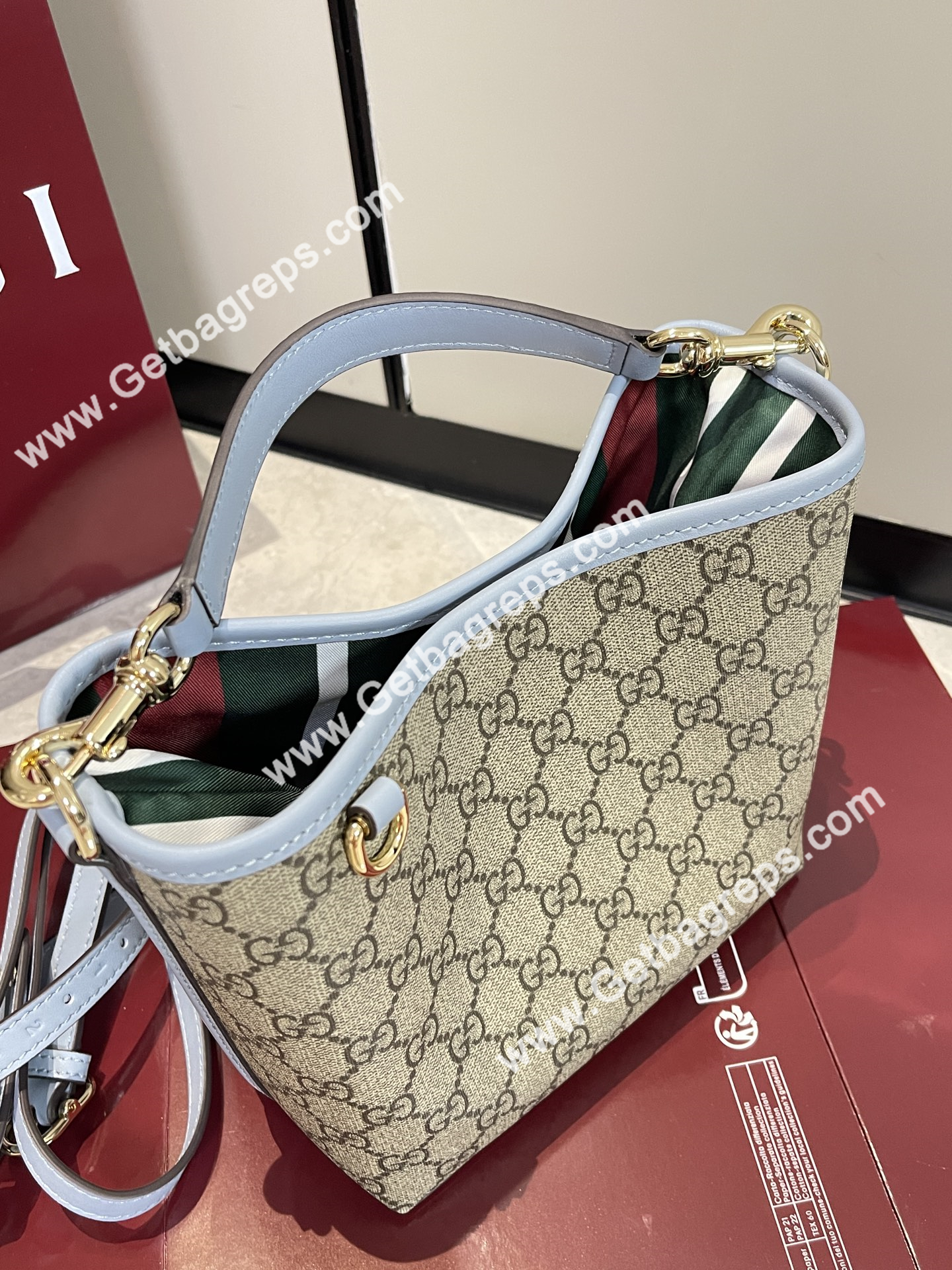 Gucci 815118 GG Emblem Small Bucket Bag Beige and dark brown