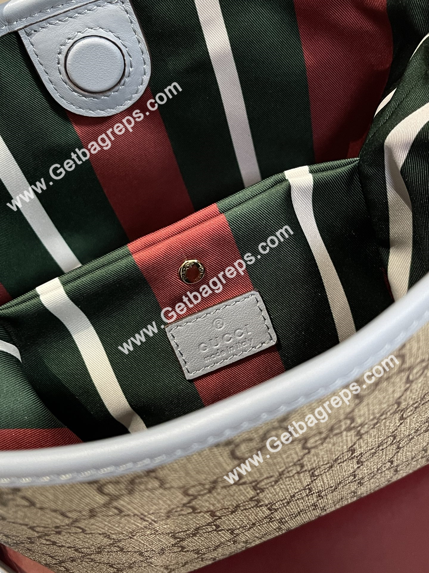 Gucci 815118 GG Emblem Small Bucket Bag Beige and dark brown
