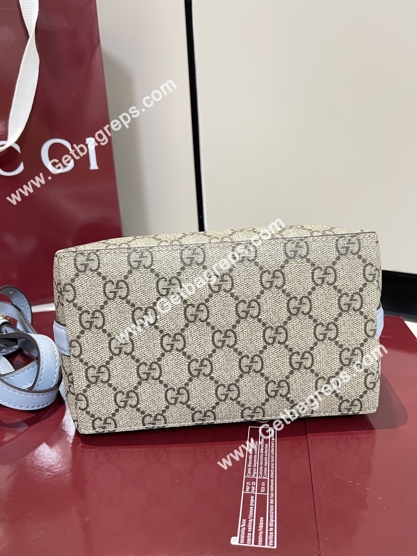 Gucci 815118 GG Emblem Small Bucket Bag Beige and dark brown