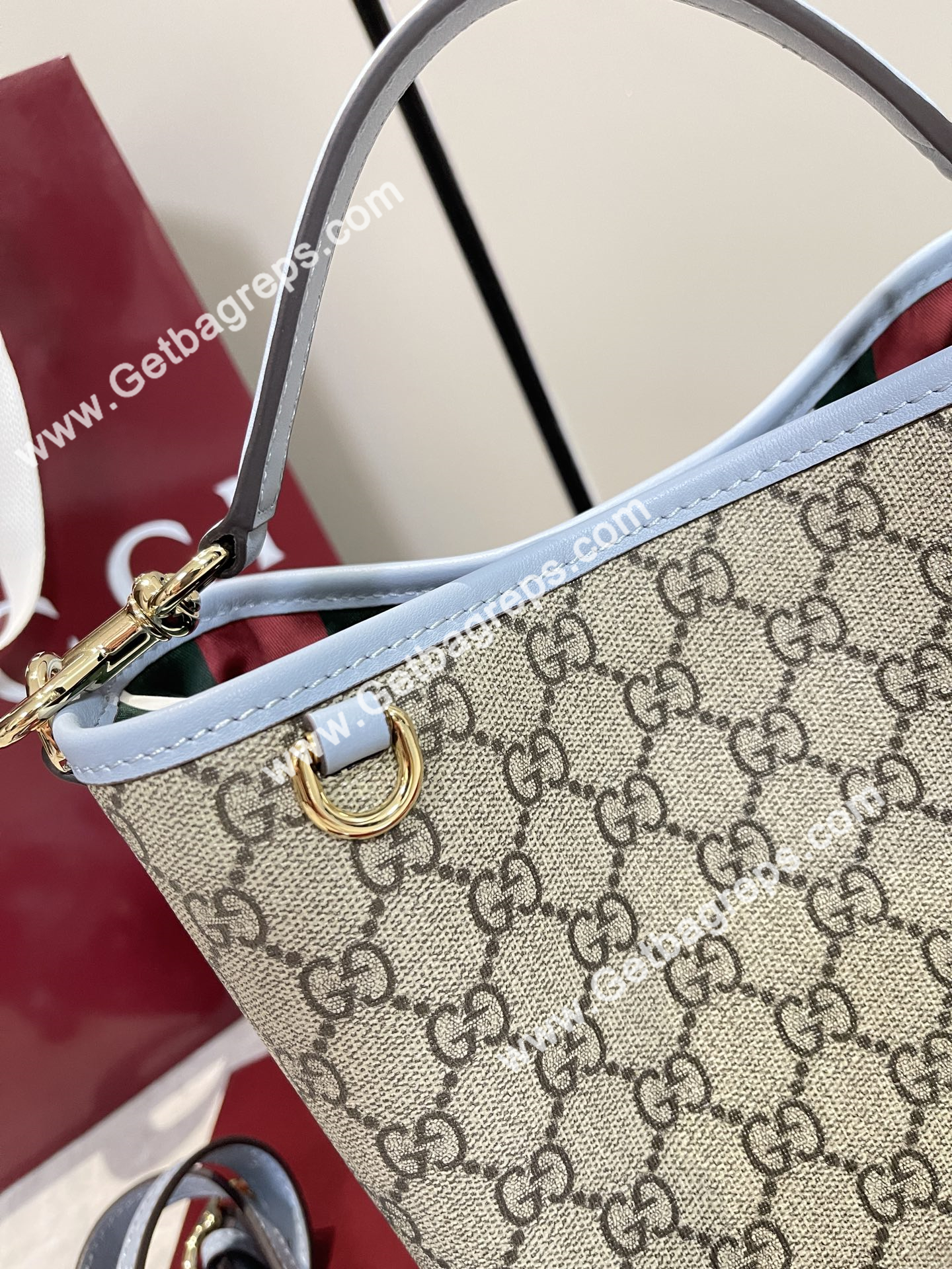 Gucci 815118 GG Emblem Small Bucket Bag Beige and dark brown