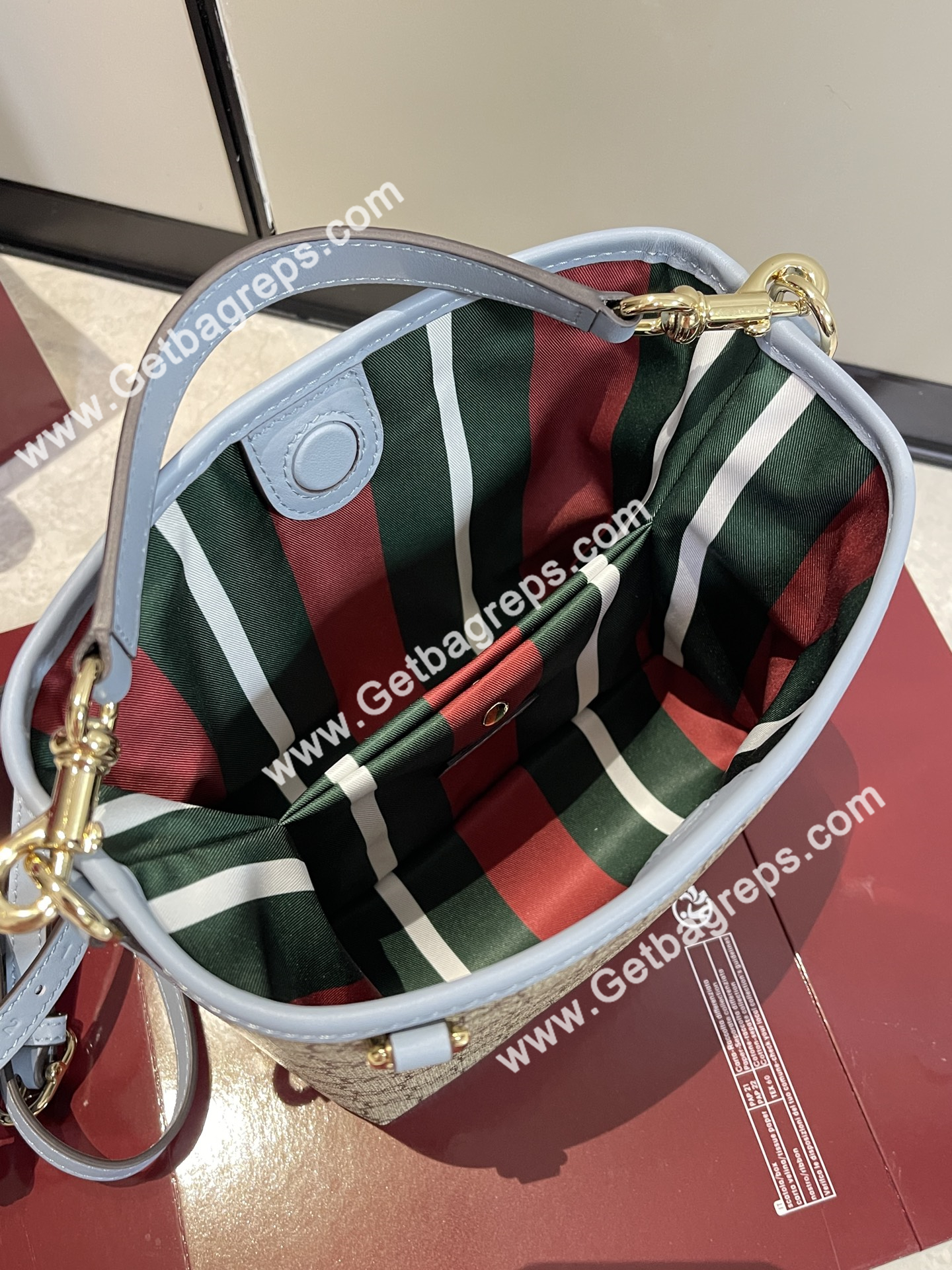 Gucci 815118 GG Emblem Small Bucket Bag Beige and dark brown