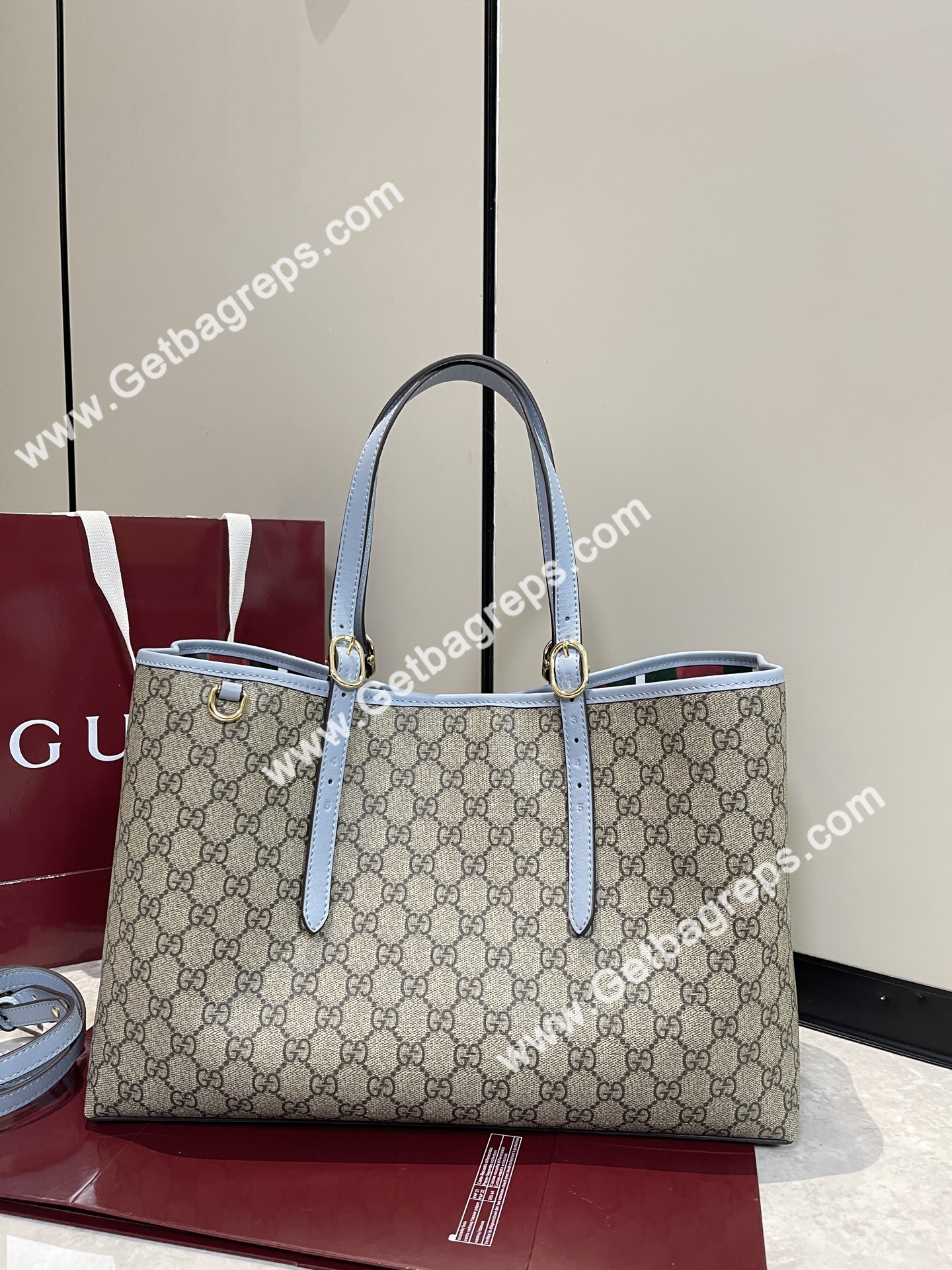 Gucci 815213 GG Emblem Large Tote Bag Beige and dark brown