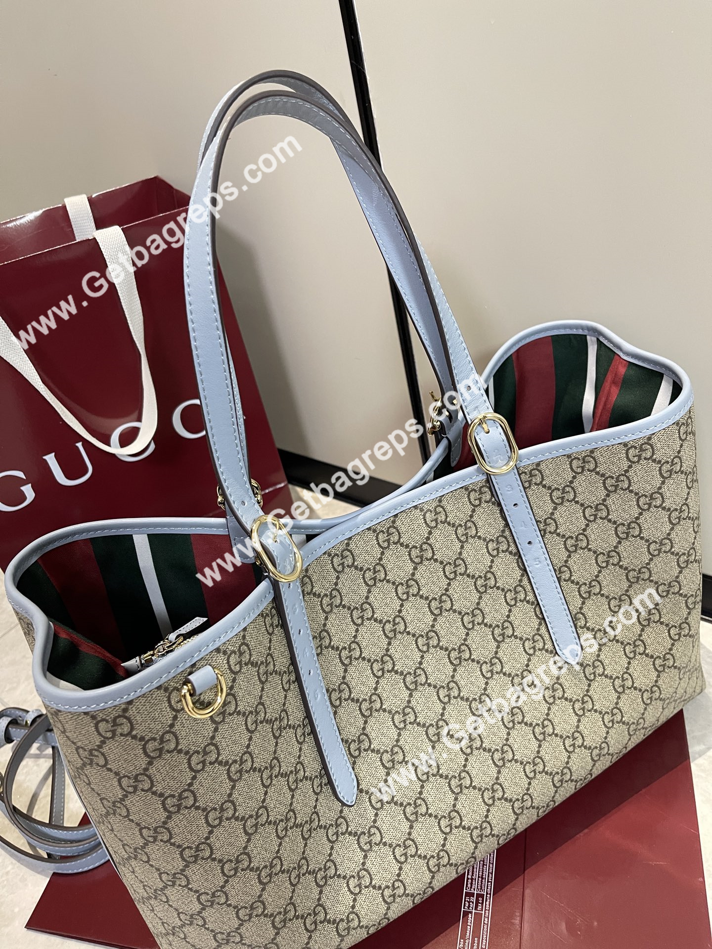 Gucci 815213 GG Emblem Large Tote Bag Beige and dark brown