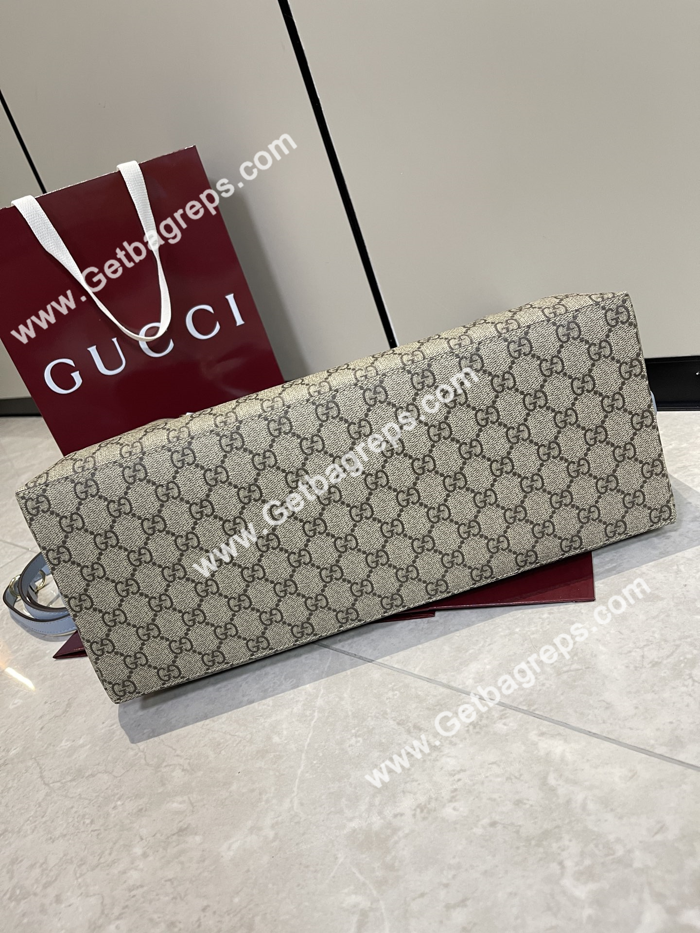 Gucci 815213 GG Emblem Large Tote Bag Beige and dark brown