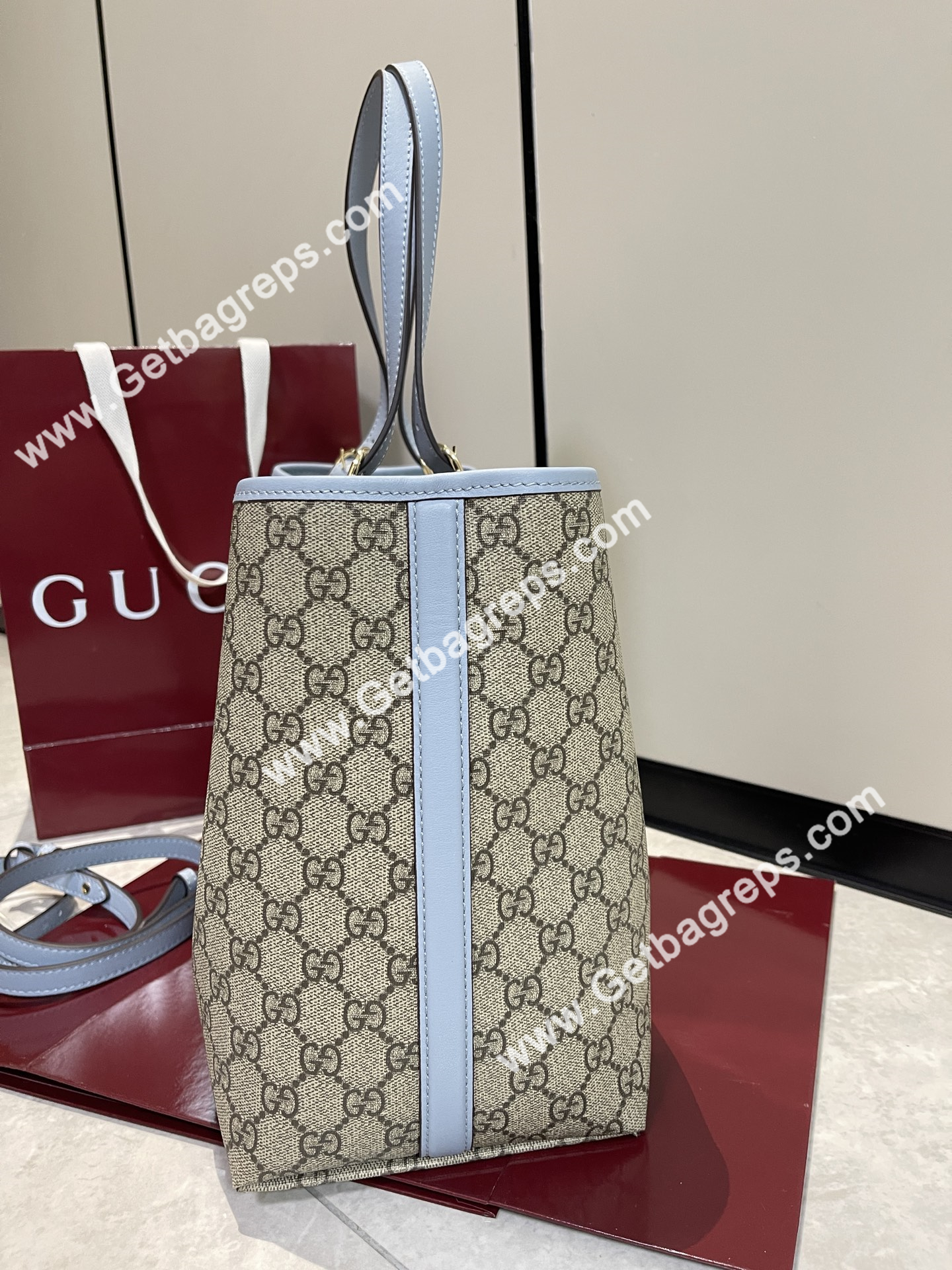 Gucci 815213 GG Emblem Large Tote Bag Beige and dark brown