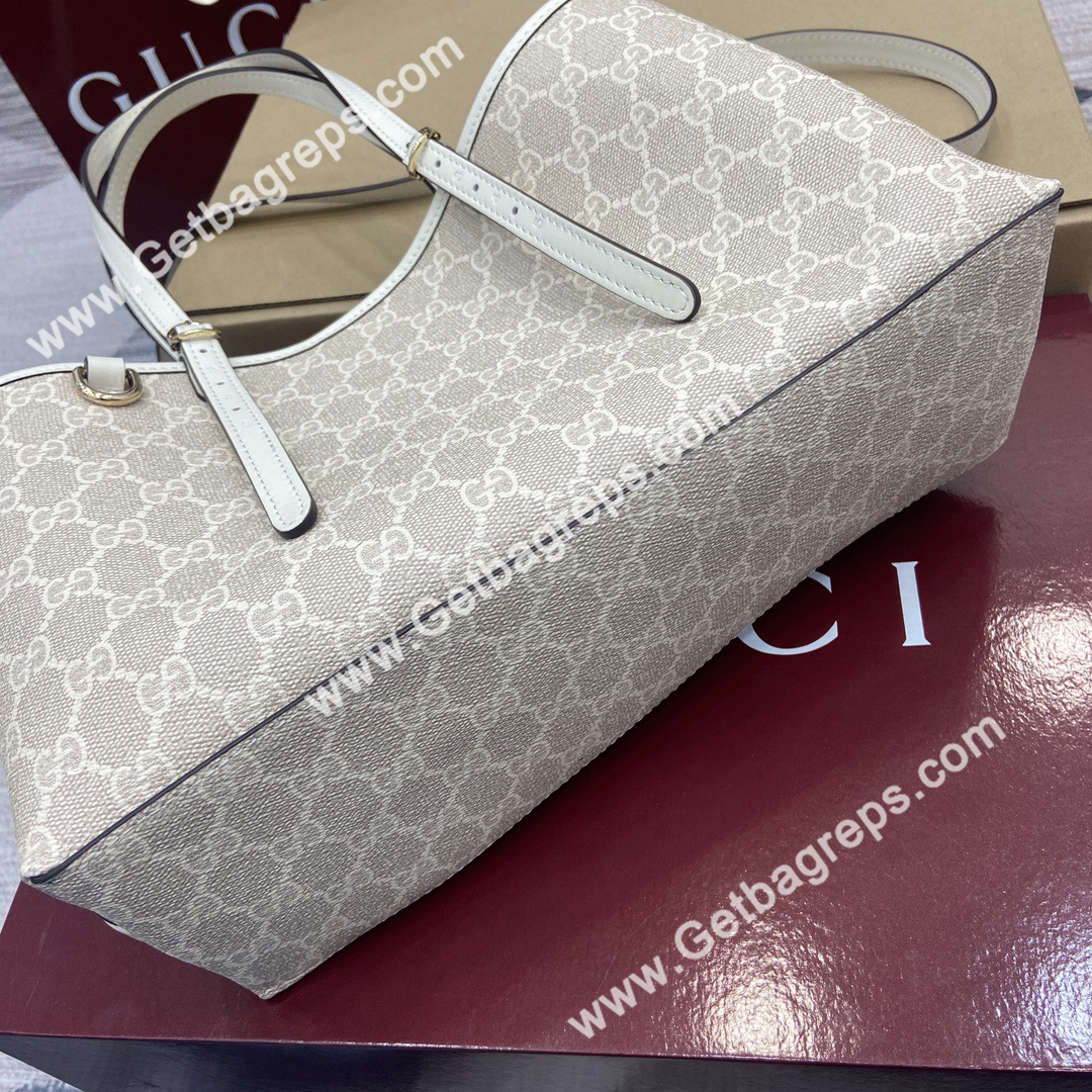 Gucci 815214 GG Emblem Small Tote Bag Beige and white new GG Monogram coated fabric