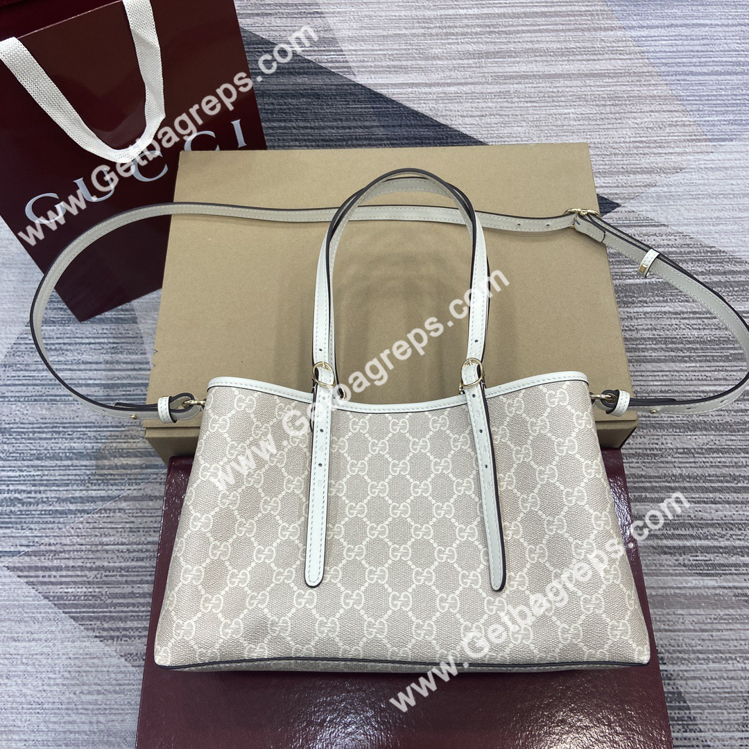 Gucci 815214 GG Emblem Small Tote Bag Beige and white new GG Monogram coated fabric