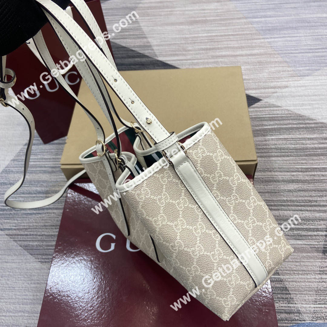 Gucci 815214 GG Emblem Small Tote Bag Beige and white new GG Monogram coated fabric