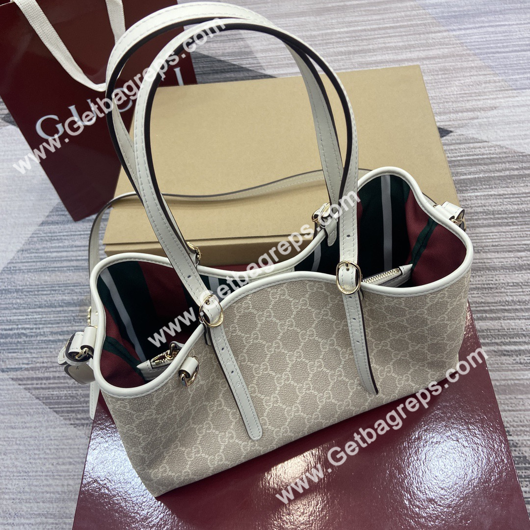 Gucci 815214 GG Emblem Small Tote Bag Beige and white new GG Monogram coated fabric
