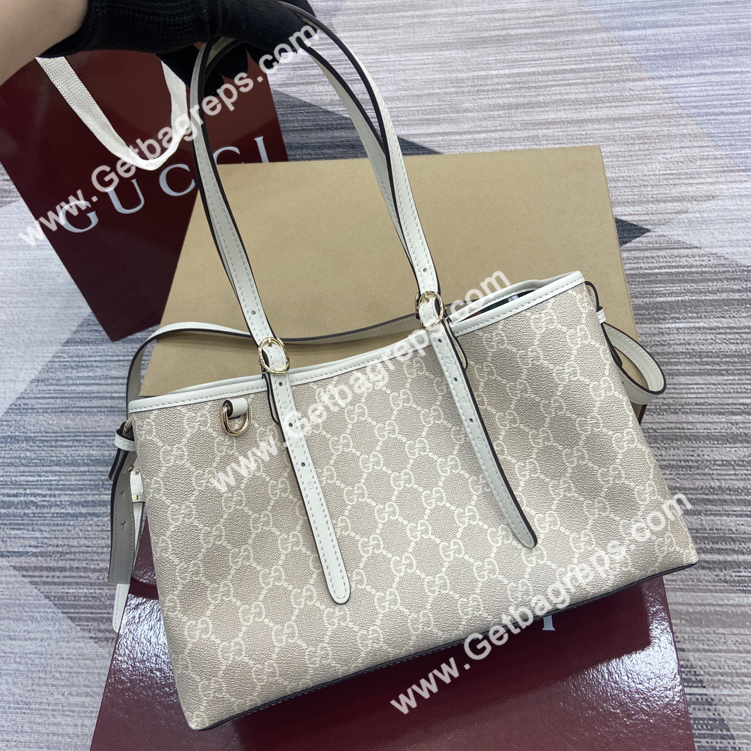 Gucci 815214 GG Emblem Small Tote Bag Beige and white new GG Monogram coated fabric
