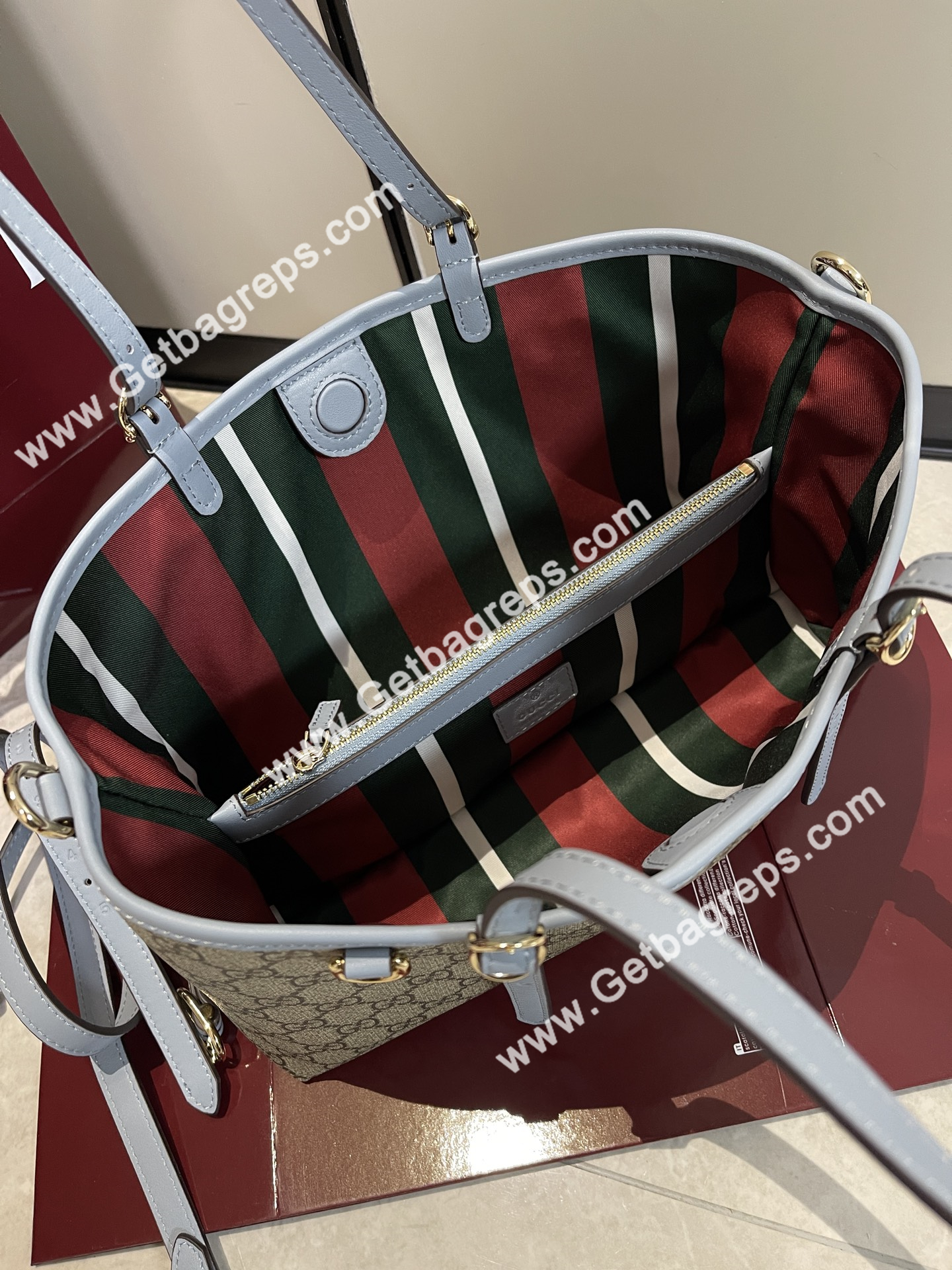 Gucci 815214 GG Emblem medium Tote Bag Beige and dark brown