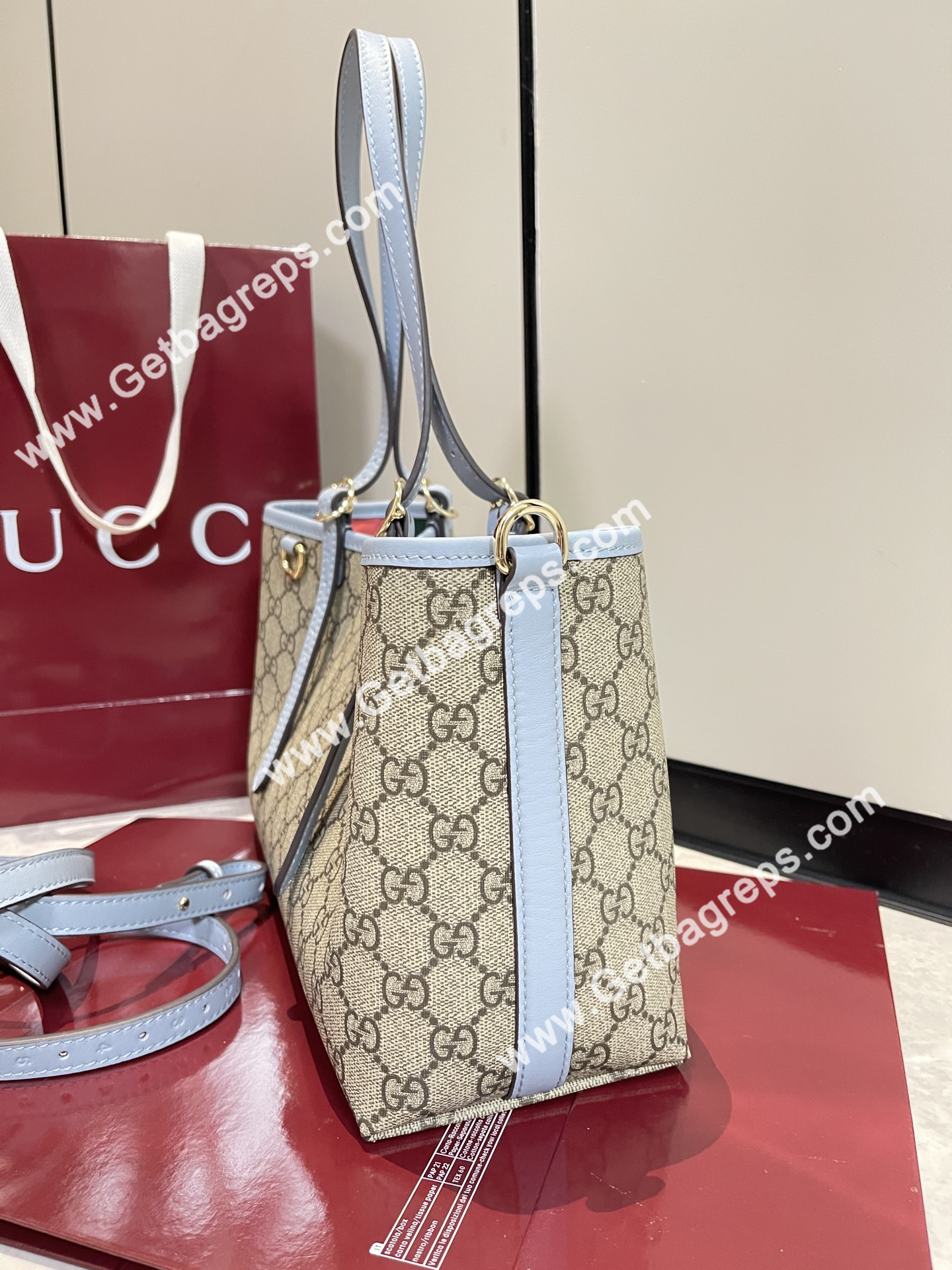 Gucci 815214 GG Emblem medium Tote Bag Beige and dark brown