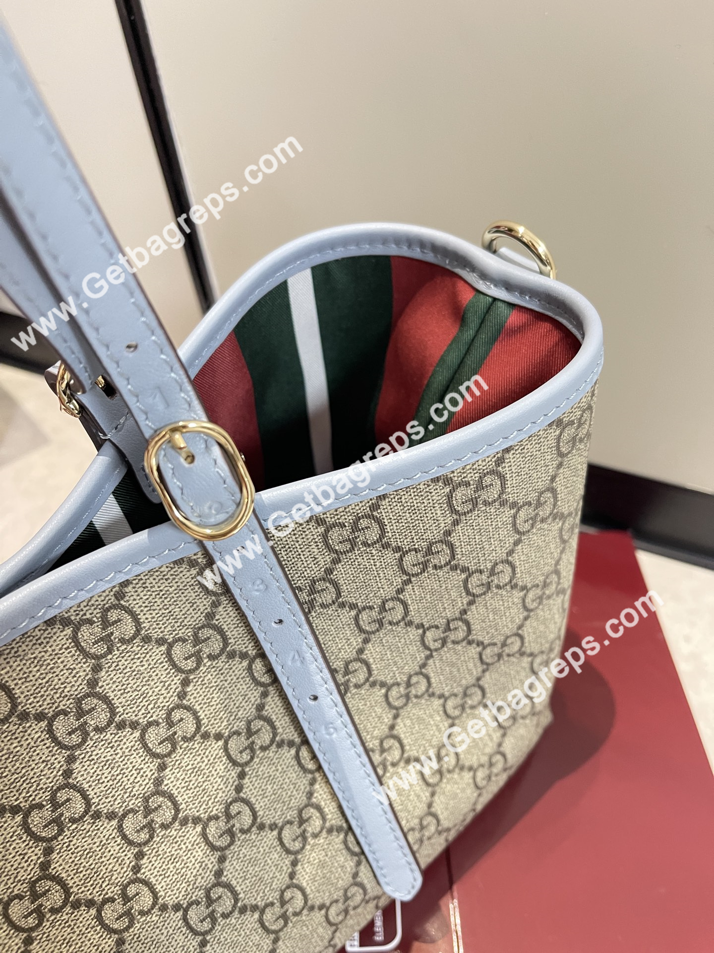 Gucci 815214 GG Emblem medium Tote Bag Beige and dark brown