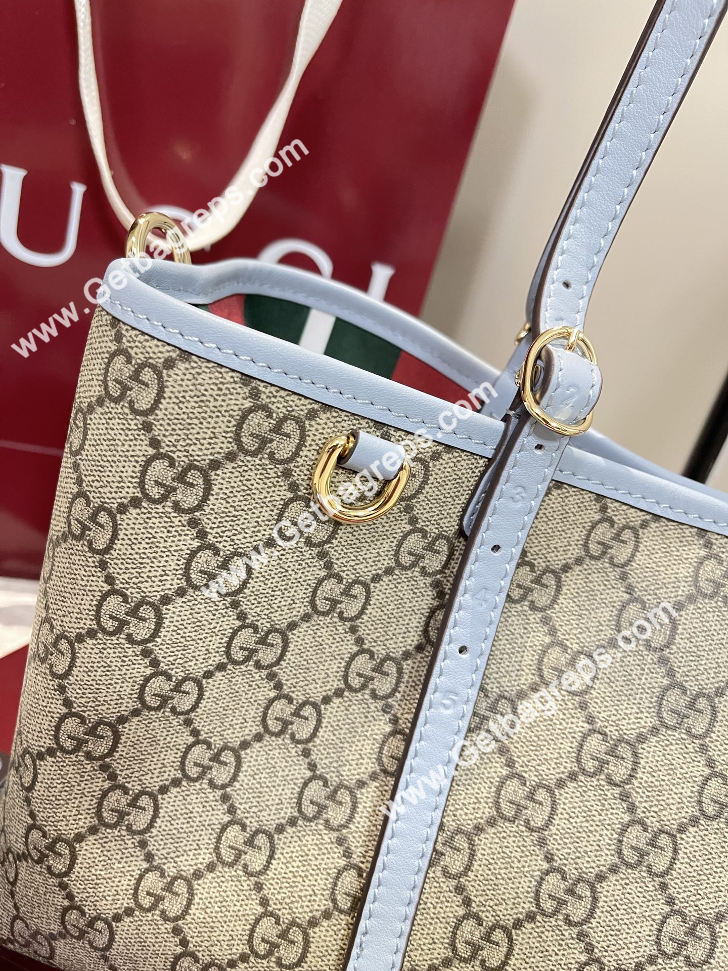 Gucci 815214 GG Emblem medium Tote Bag Beige and dark brown