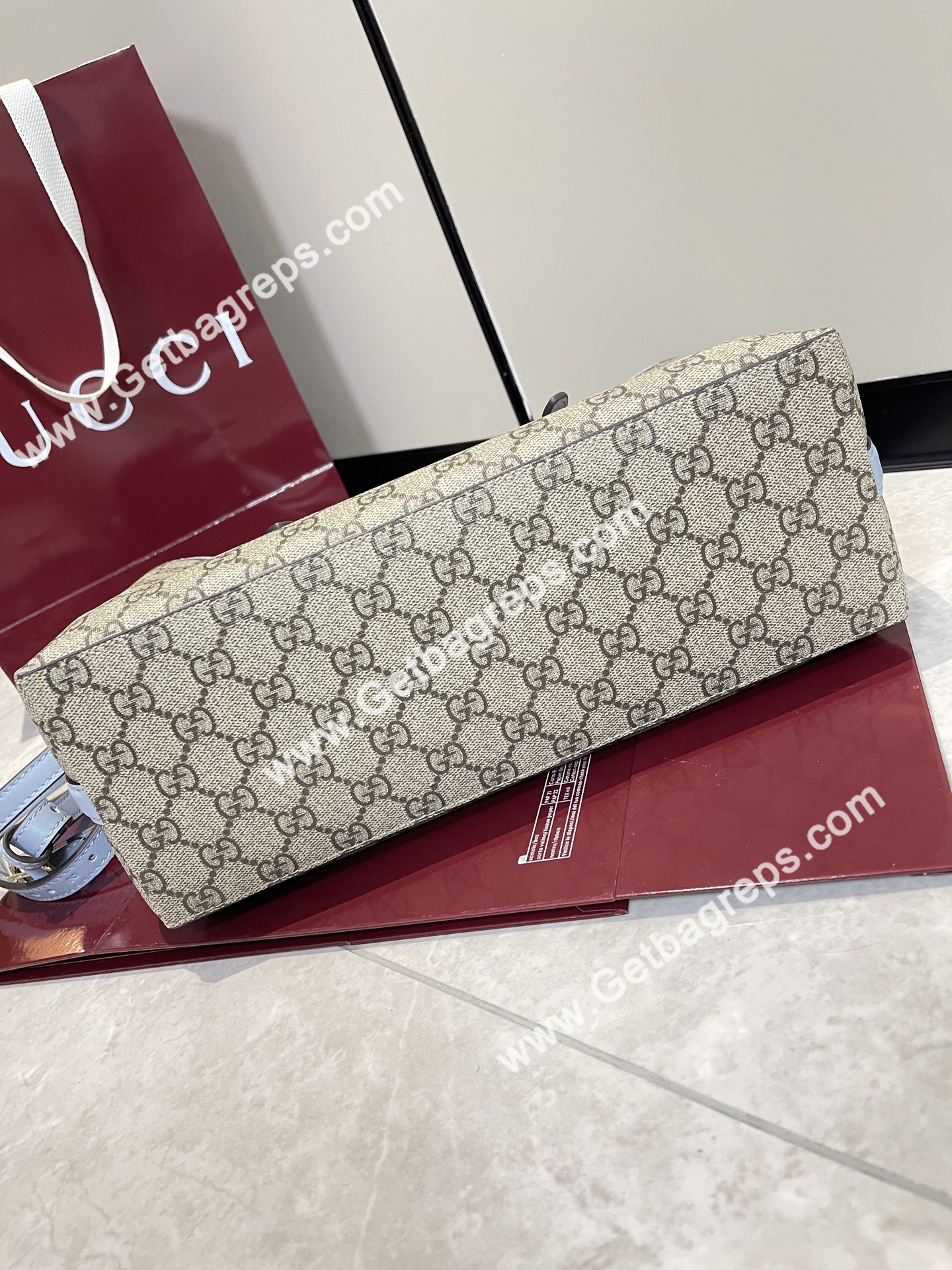 Gucci 815214 GG Emblem medium Tote Bag Beige and dark brown
