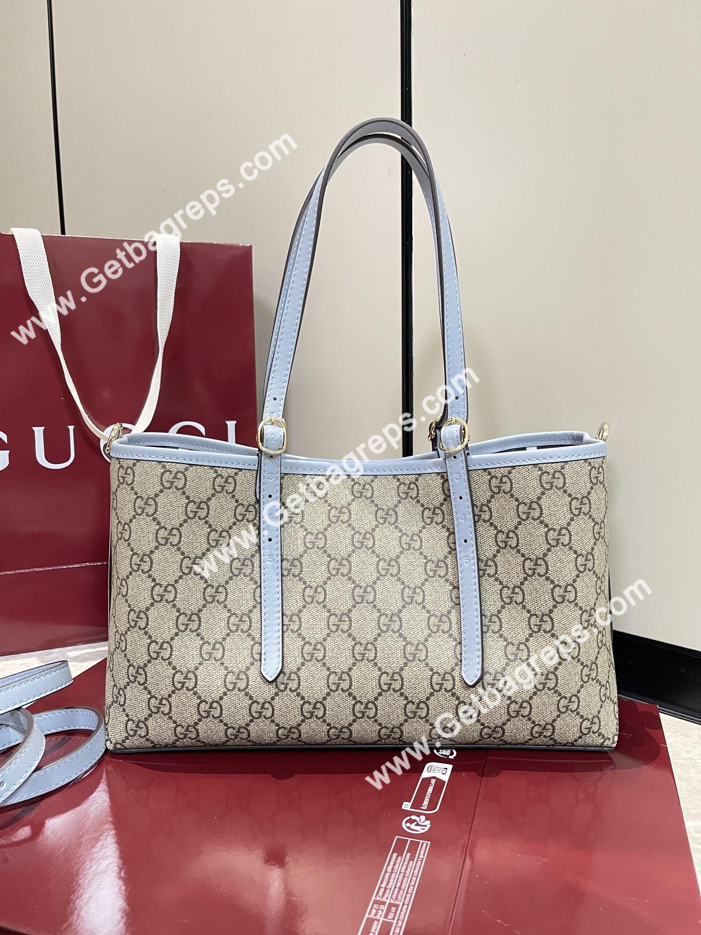 Gucci 815214 GG Emblem medium Tote Bag Beige and dark brown