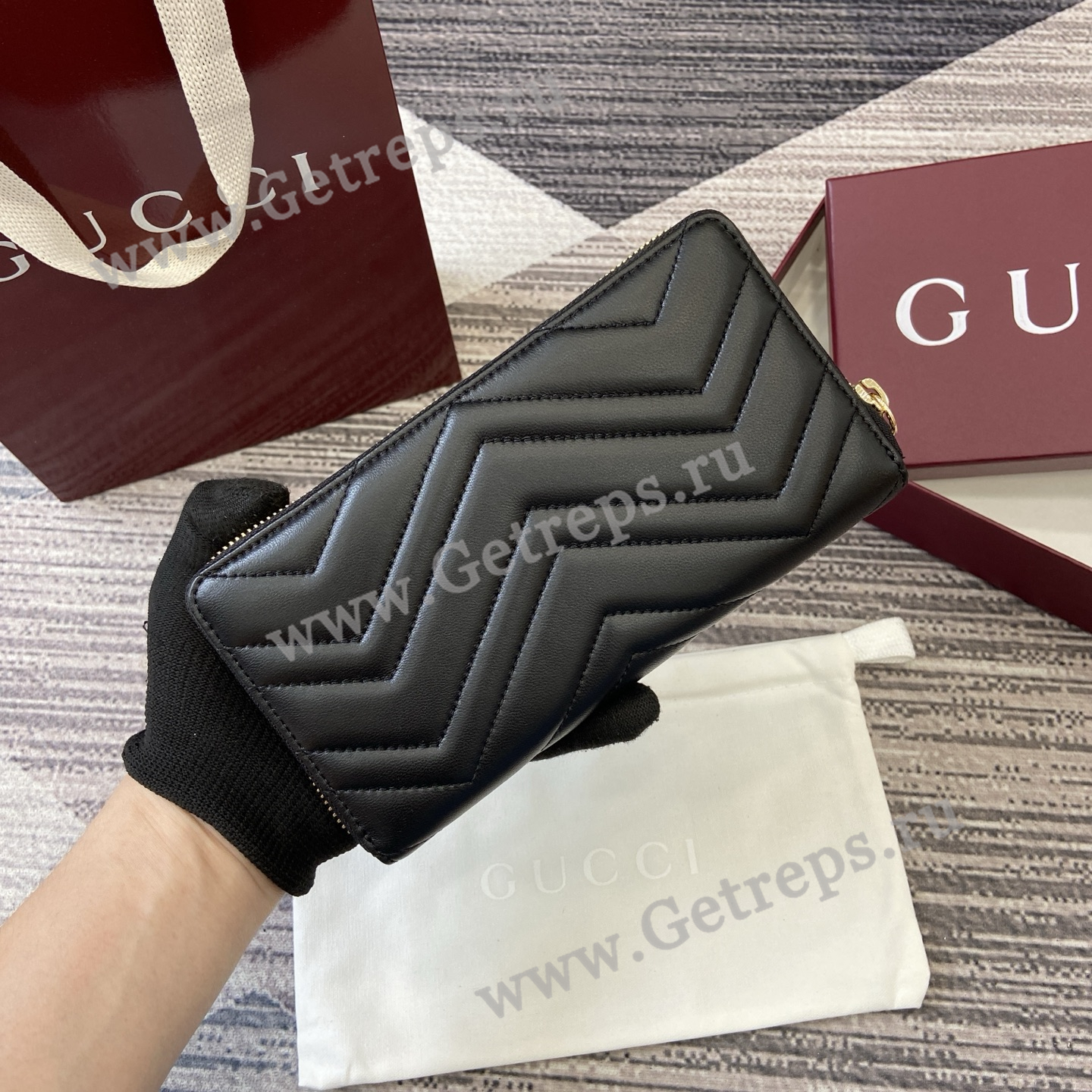 Gucci 837758 GG Marmont Zip Around Wallet Black