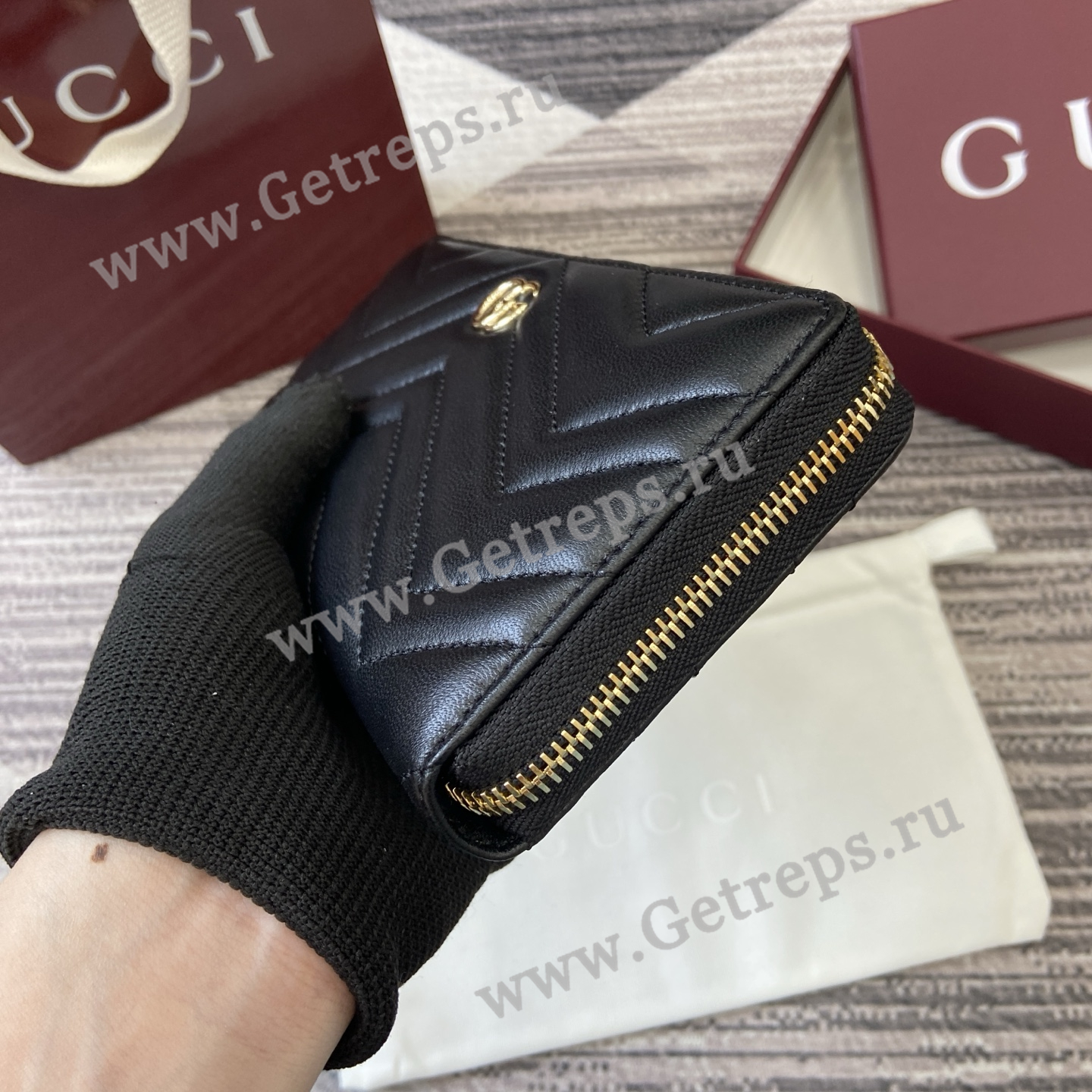 Gucci 837758 GG Marmont Zip Around Wallet Black